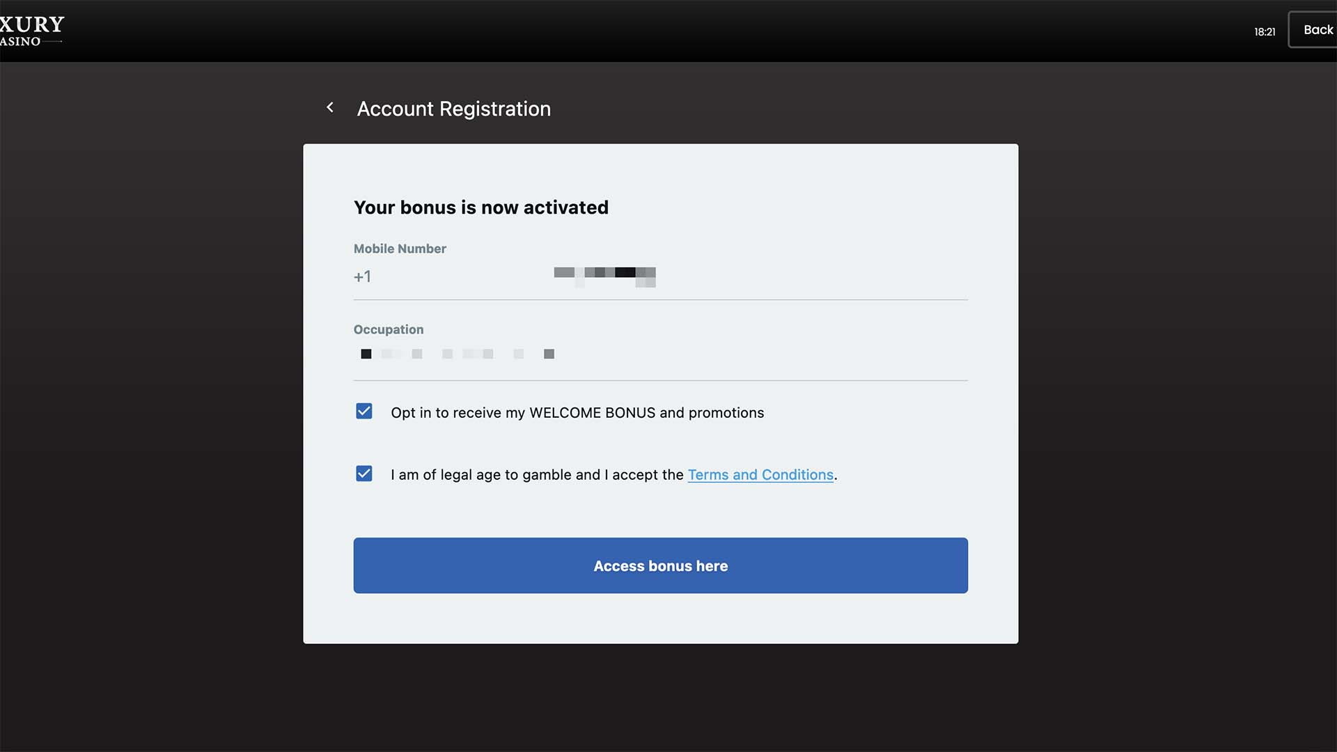 Final step registering at Luxury Casino Final step registering at Luxury Casino
