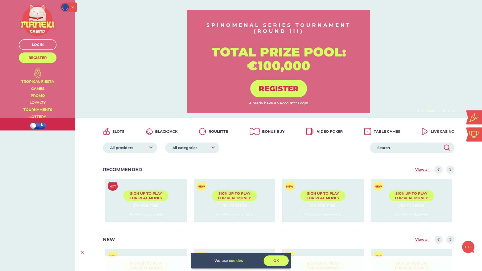 Screenshot of Maneki Casino taken in 2025