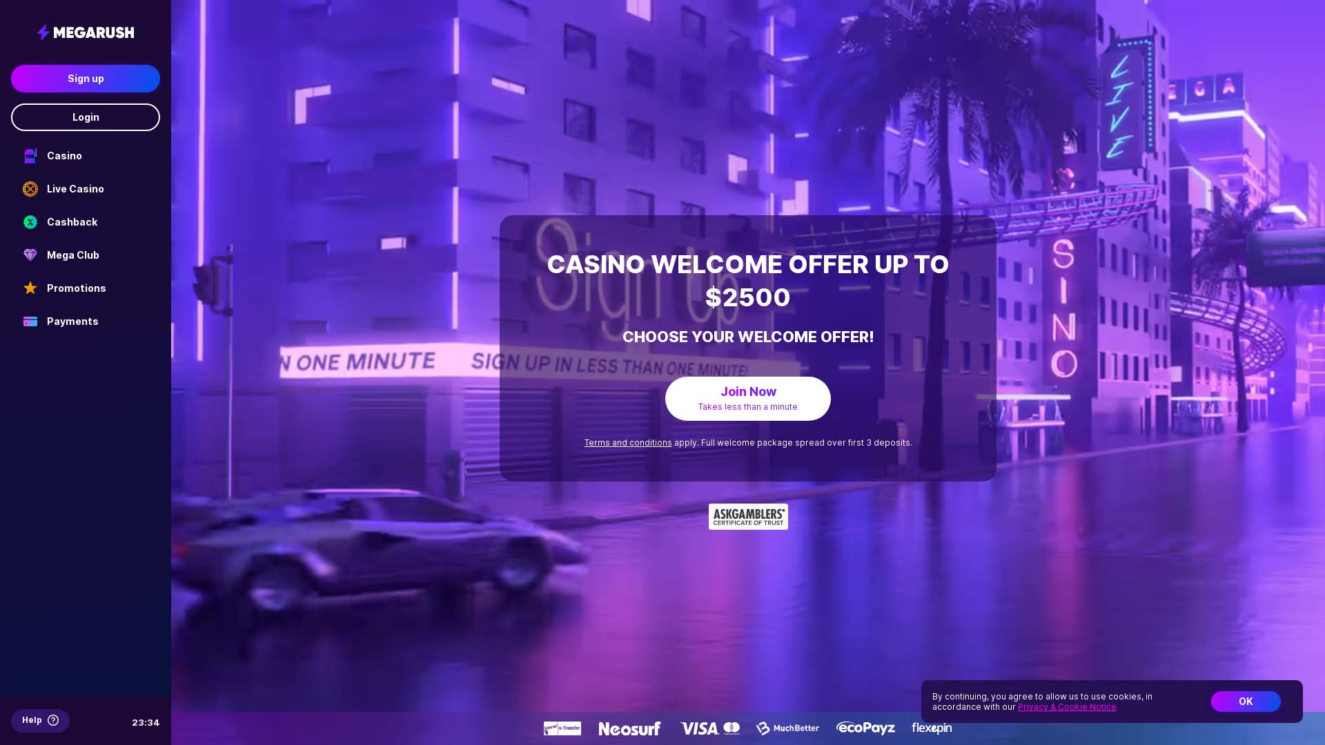 Screenshot of MegaRush Casino taken in 2025