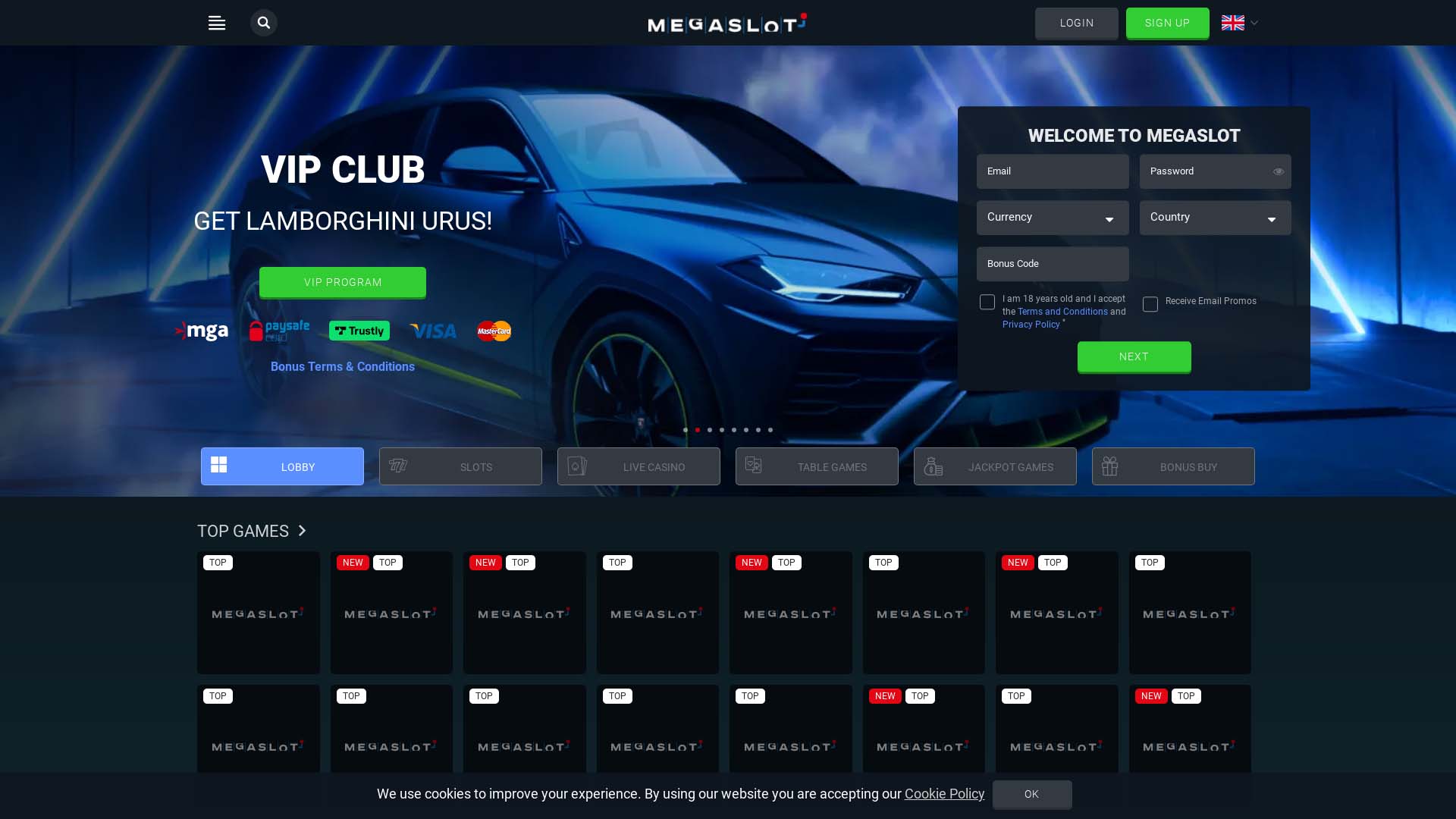 Screenshot of Megaslot Casino taken in 2025