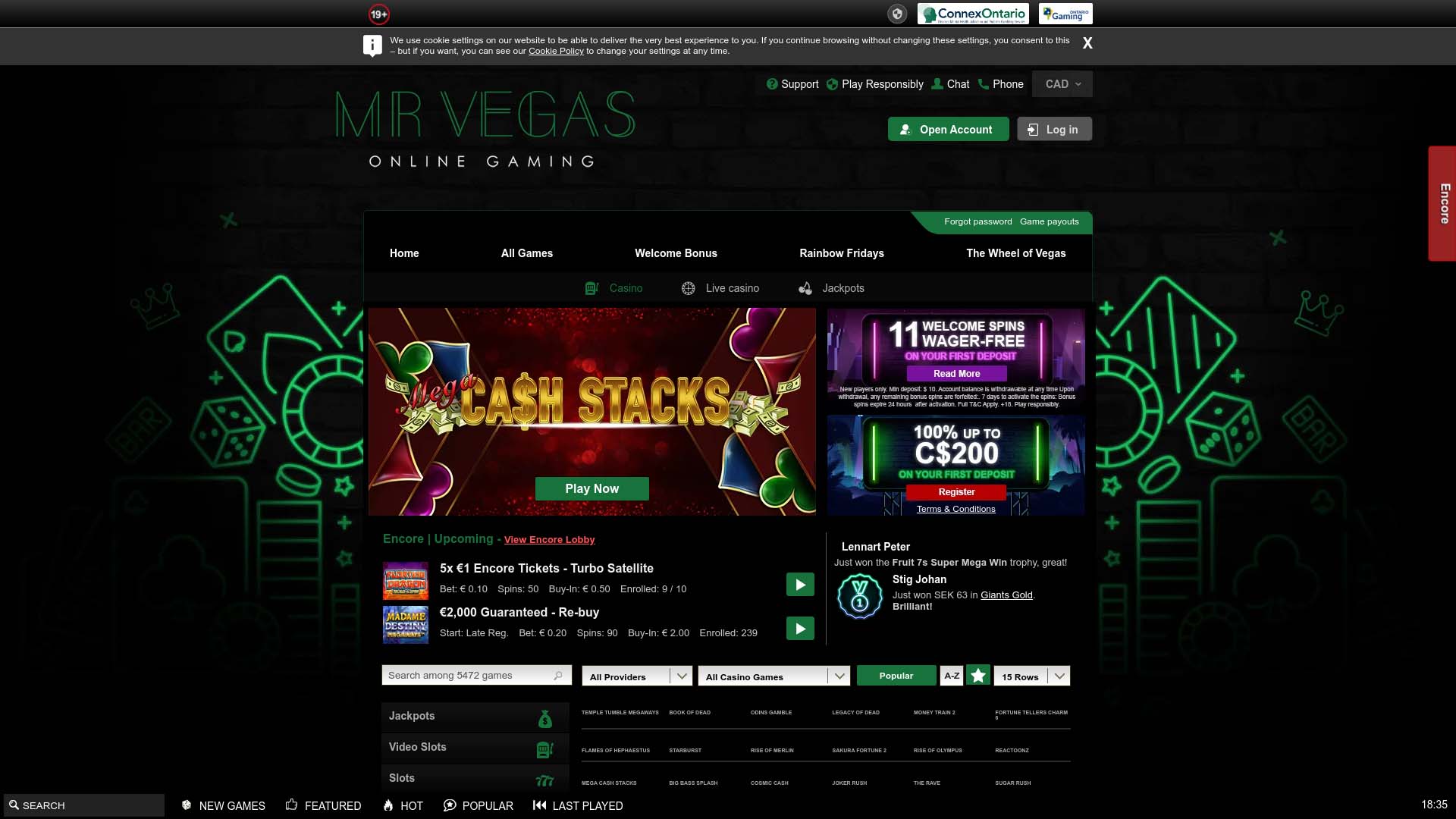 Screenshot of Mr Vegas Casino taken in 2025