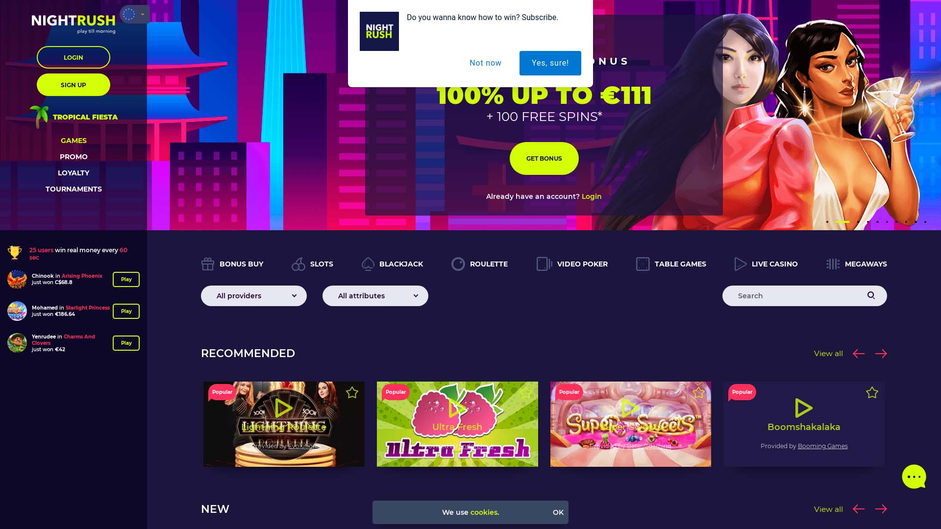 Screenshot of NightRush Casino taken in 2025