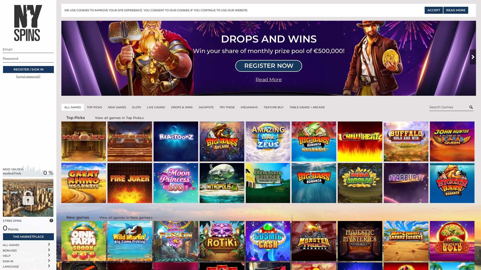 Screenshot of NYSpins Casino taken in 2025