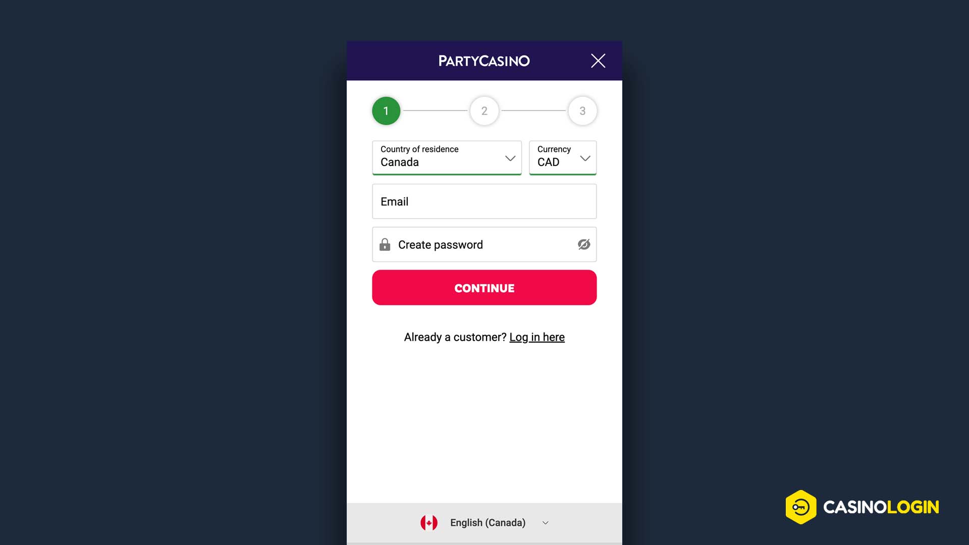 Mobile registration at PartyCasino