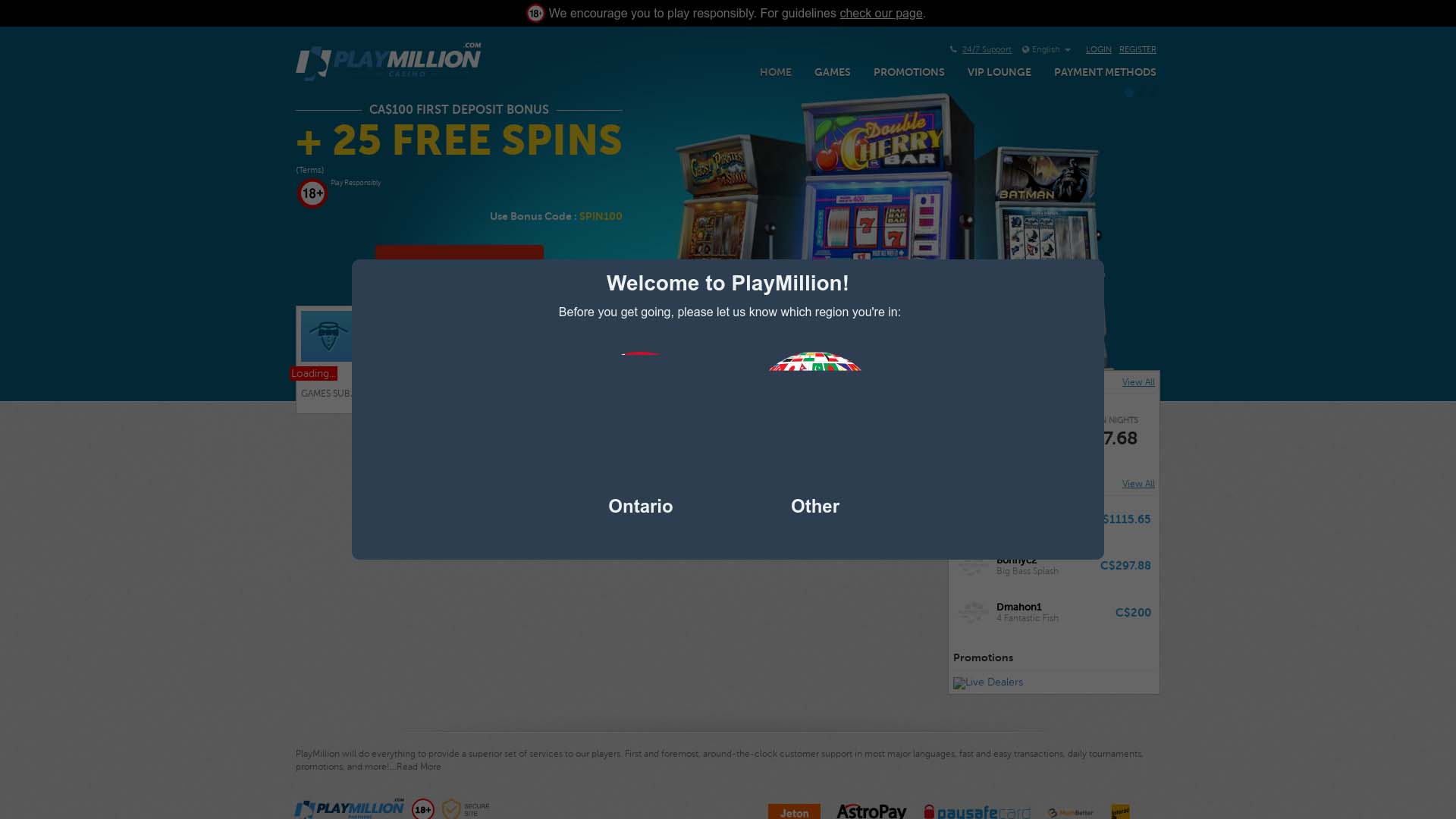 Screenshot of Play Million Casino taken in 2025
