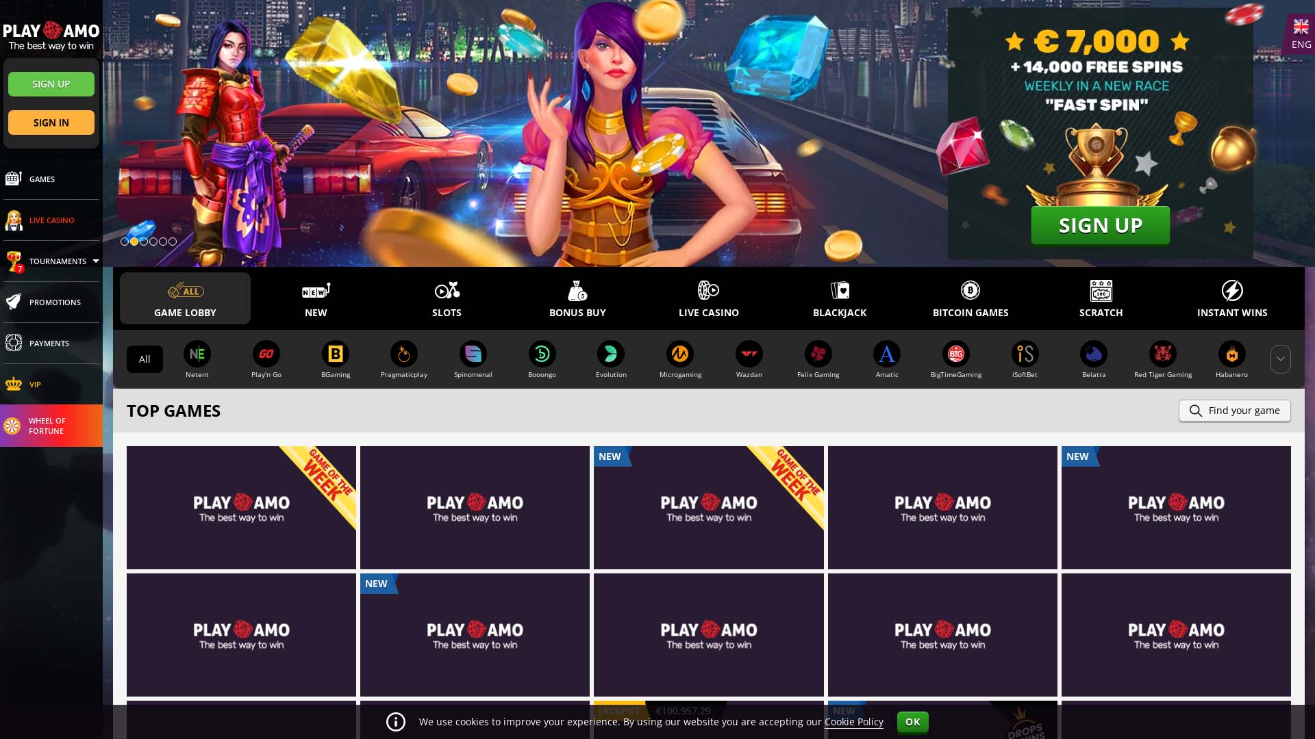 Screenshot of Playamo Casino taken in 2025