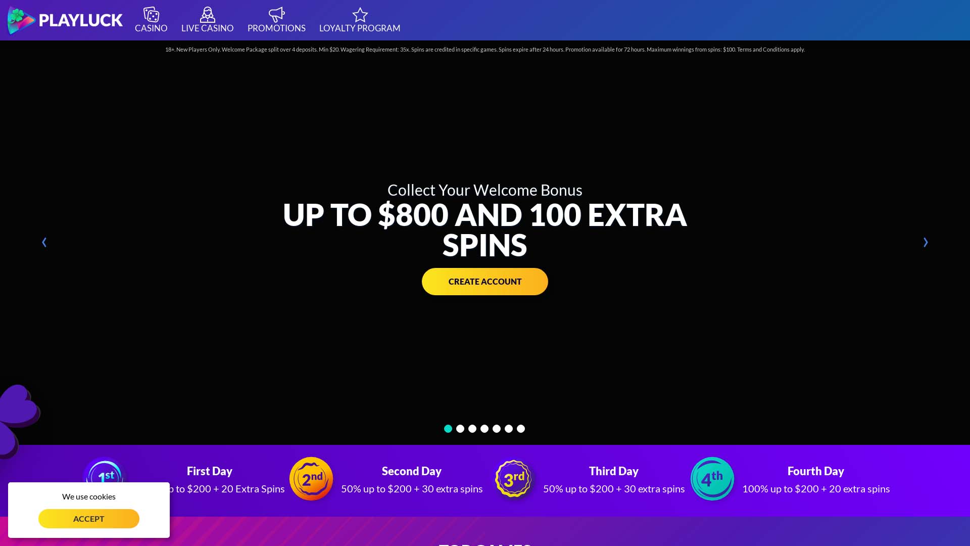 Screenshot of PlayLuck Casino taken in 2025