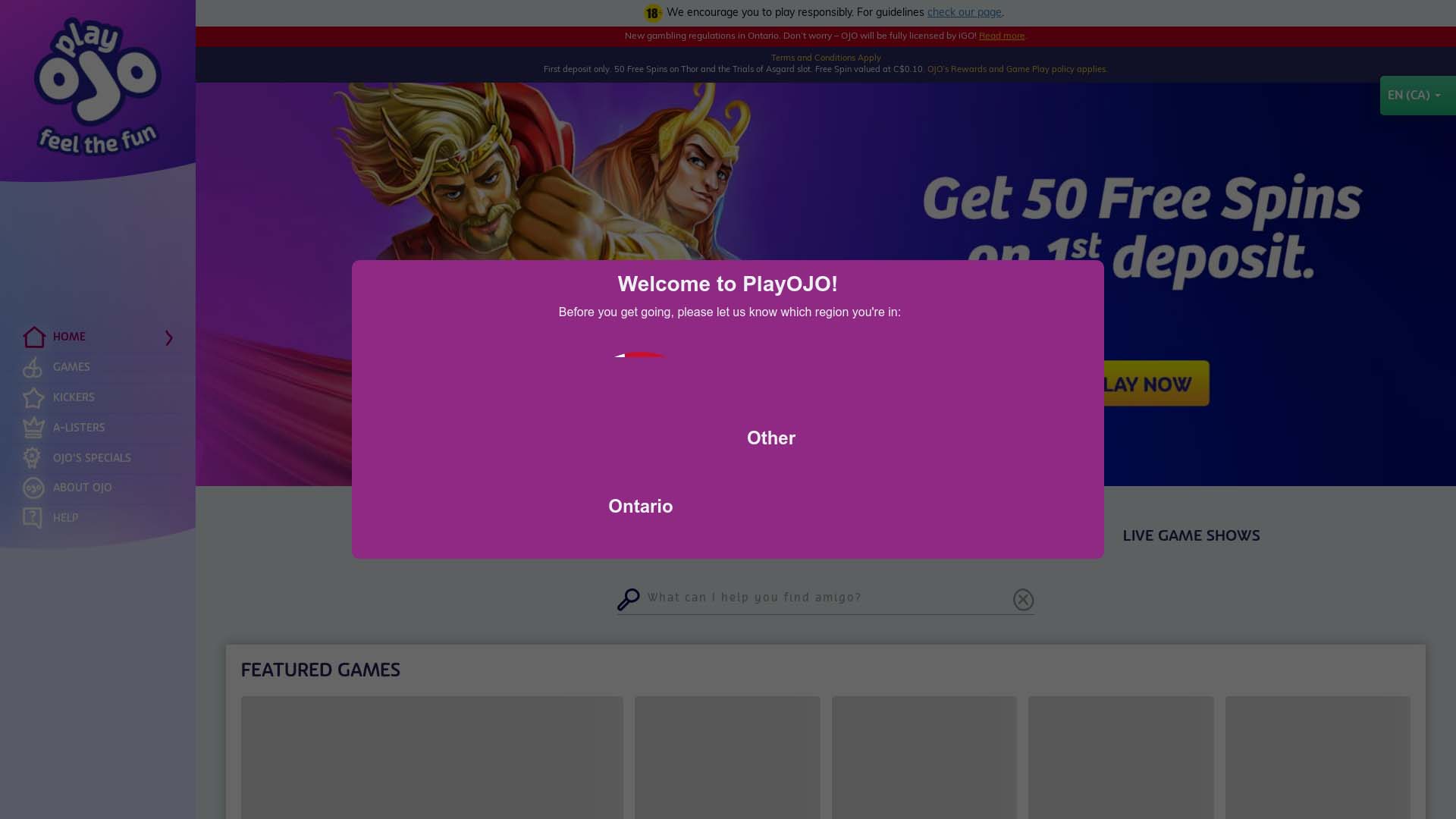 Screenshot of PlayOJO Casino taken in 2025