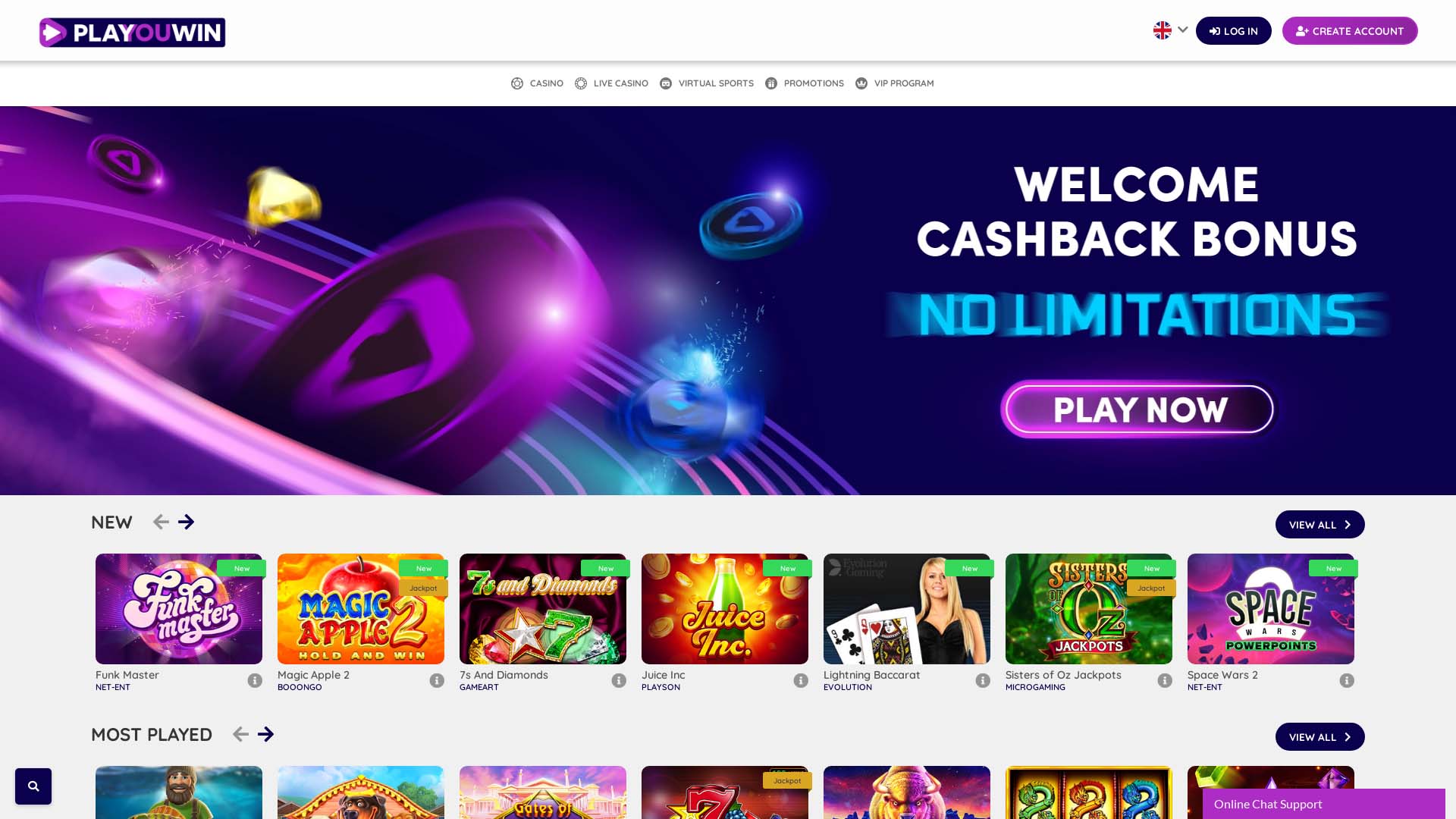 Screenshot of PlaYouWin Casino taken in 2025