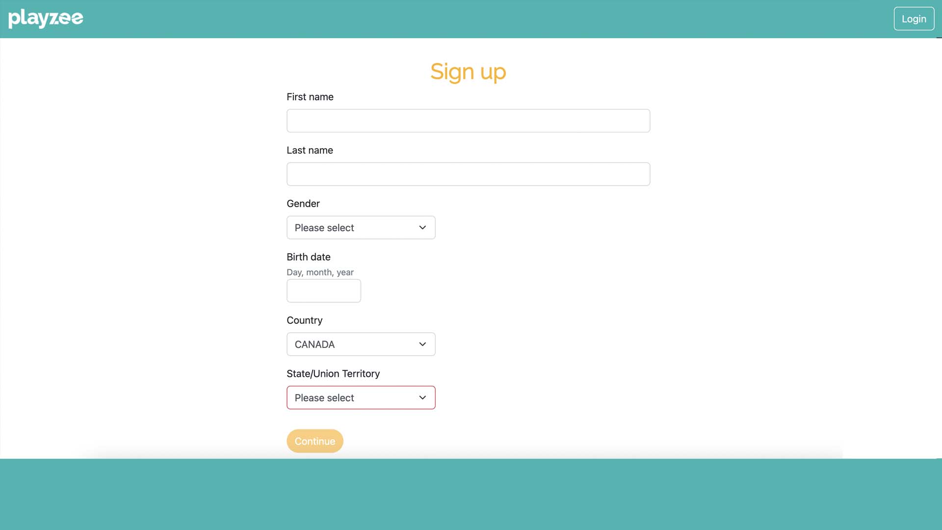 Playzee registration page