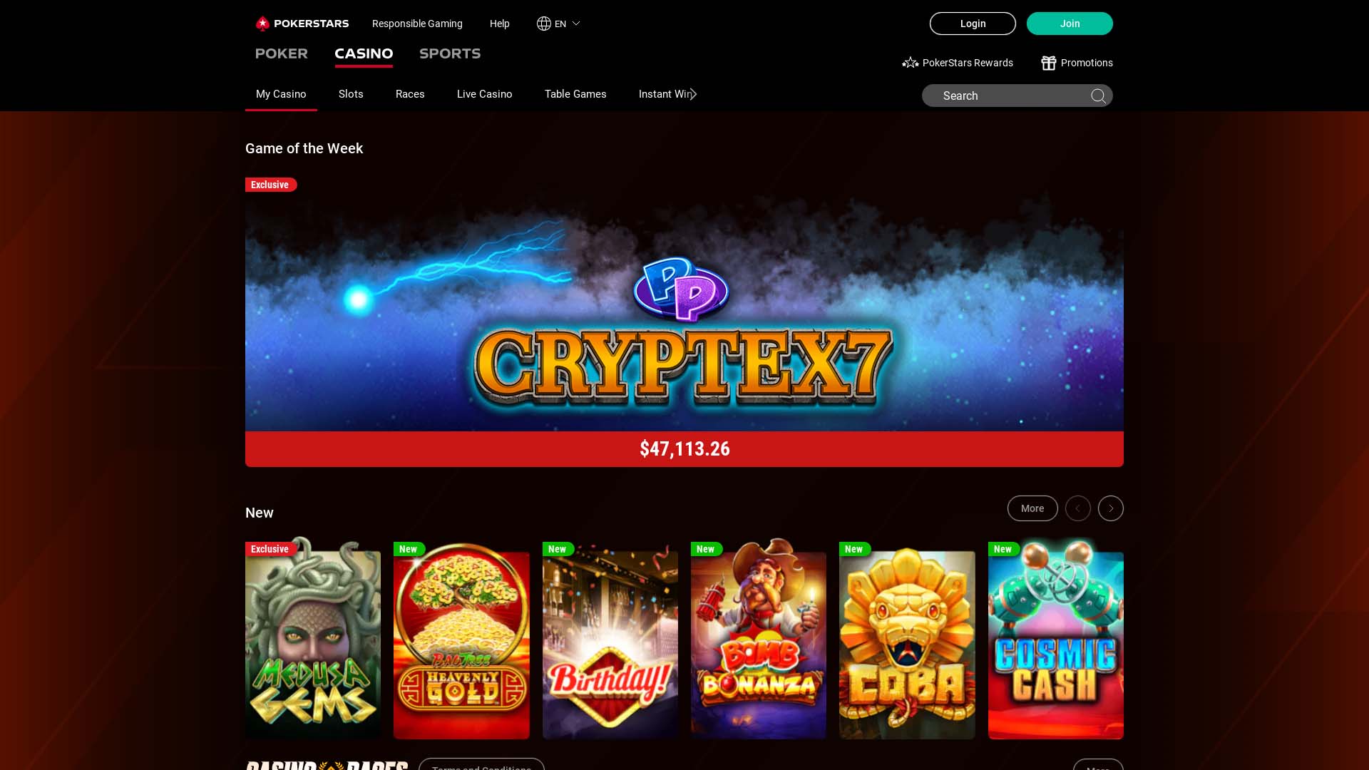 Screenshot of PokerStars Casino taken in 2025 Screenshot of PokerStars Casino taken in 2025