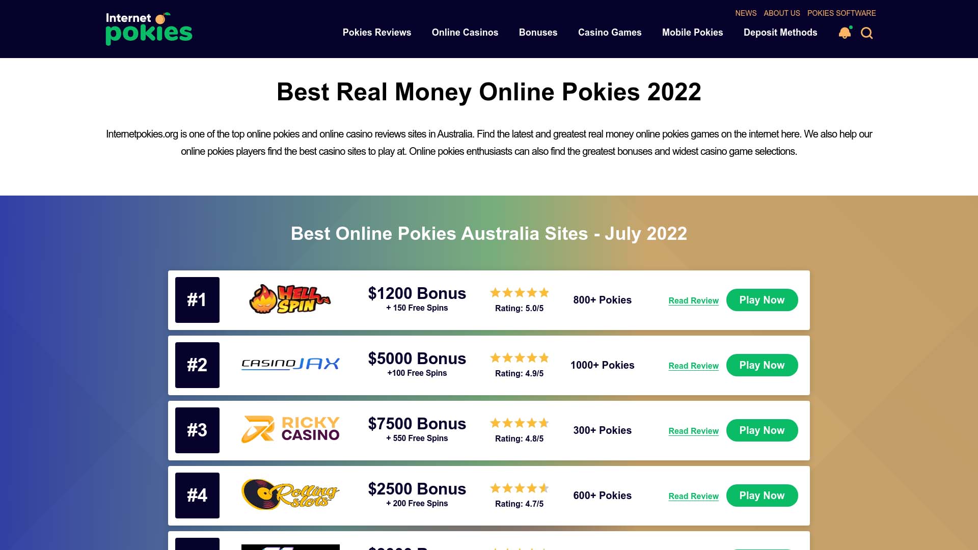 Screenshot of Pokies Casino taken in 2025