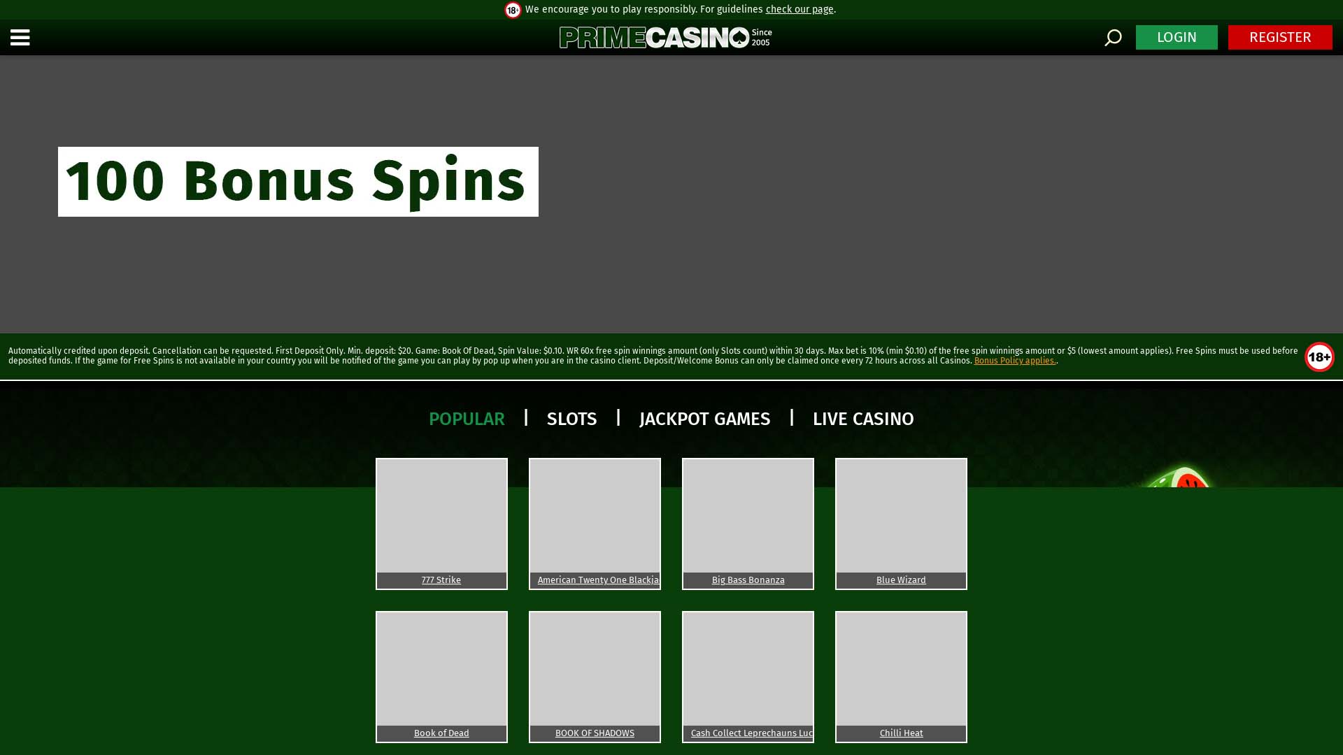 Screenshot of Prime Casino taken in 2025