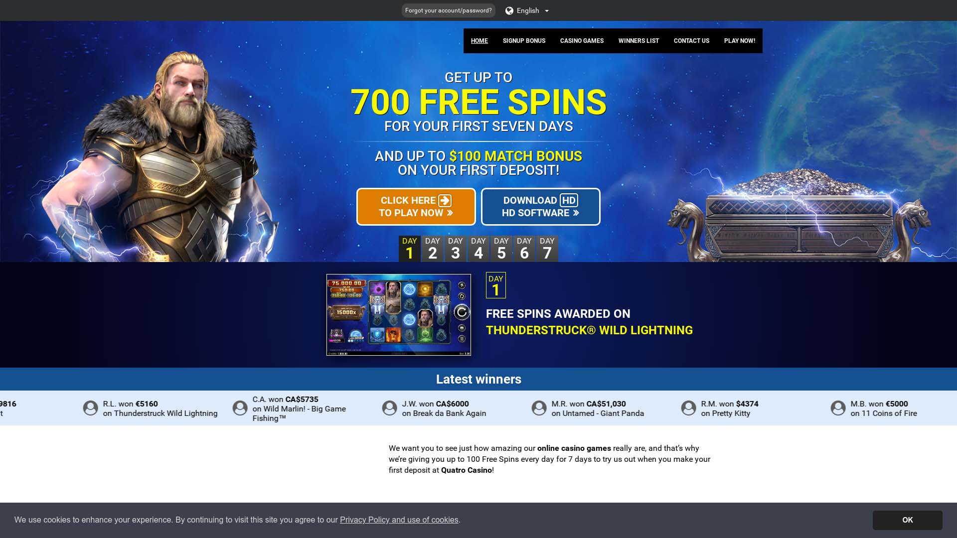 Screenshot of Quatro Casino taken in 2025