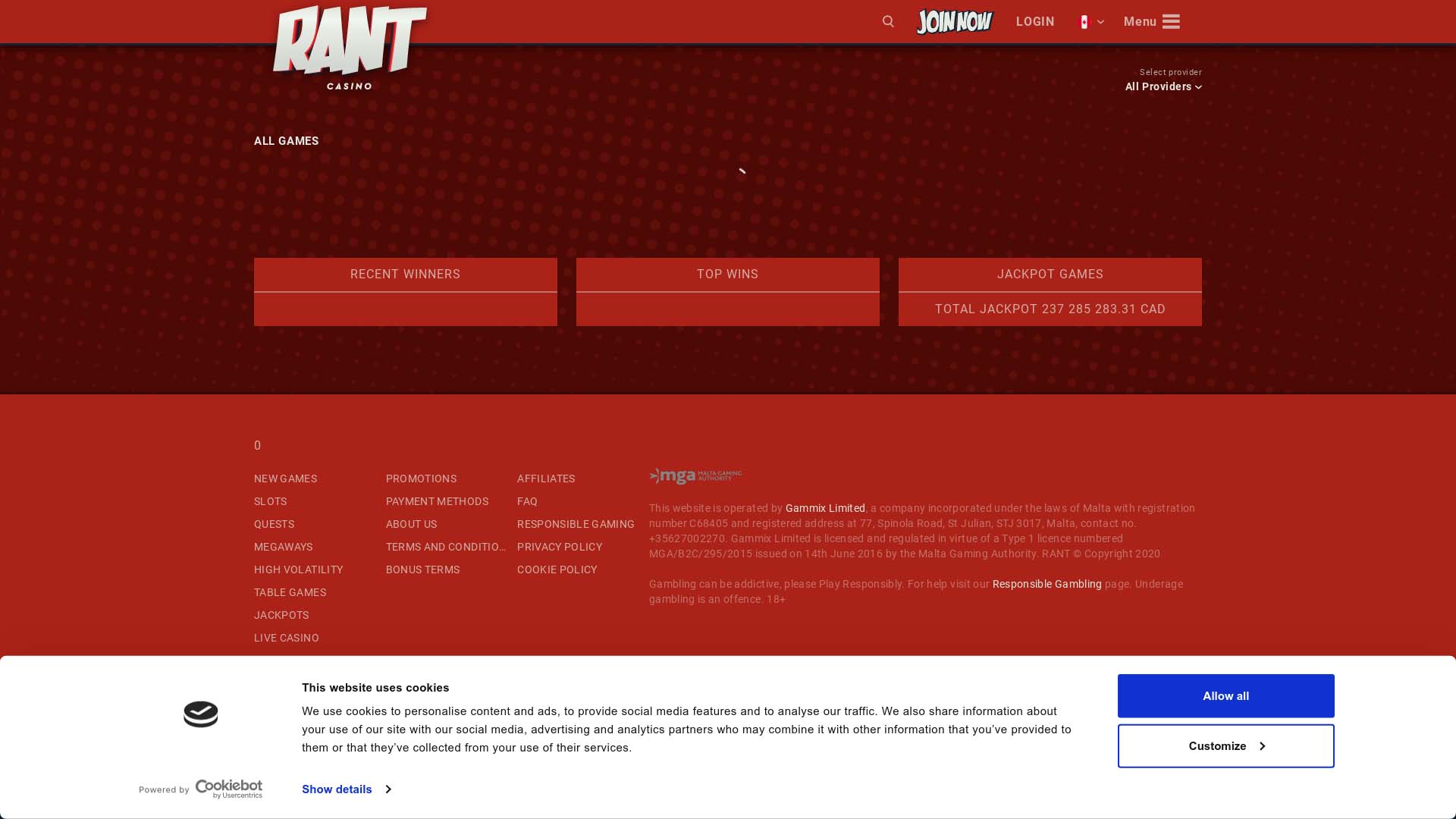 Screenshot of RANT Casino taken in 2025