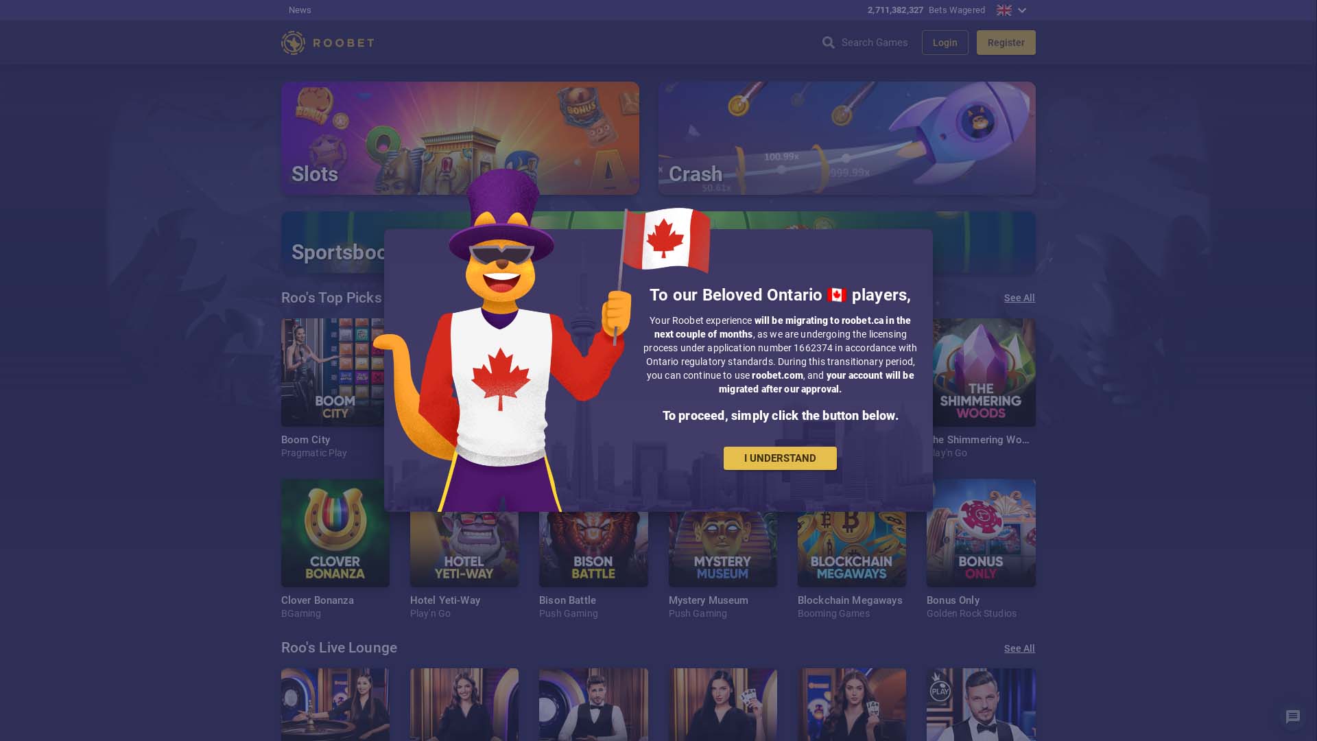 Screenshot of RooBet Casino taken in 2025