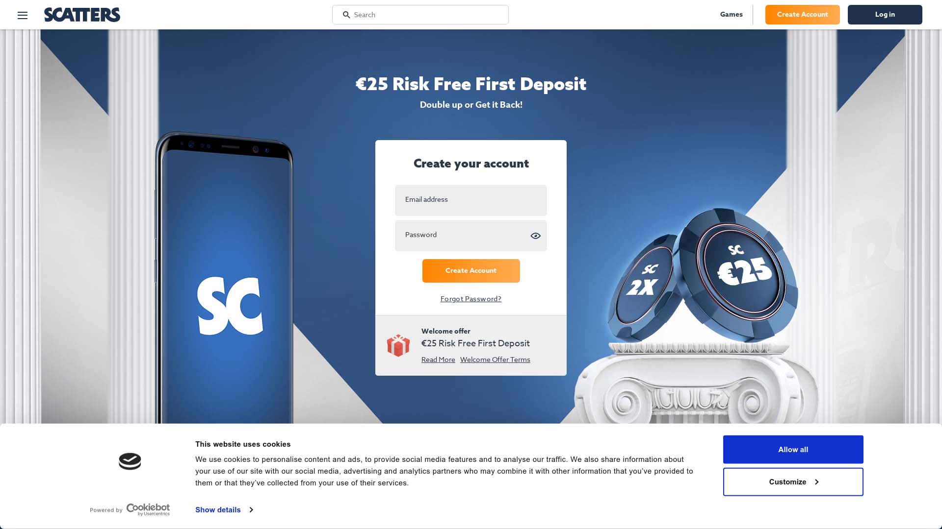 Screenshot of Scatters Casino taken in 2025