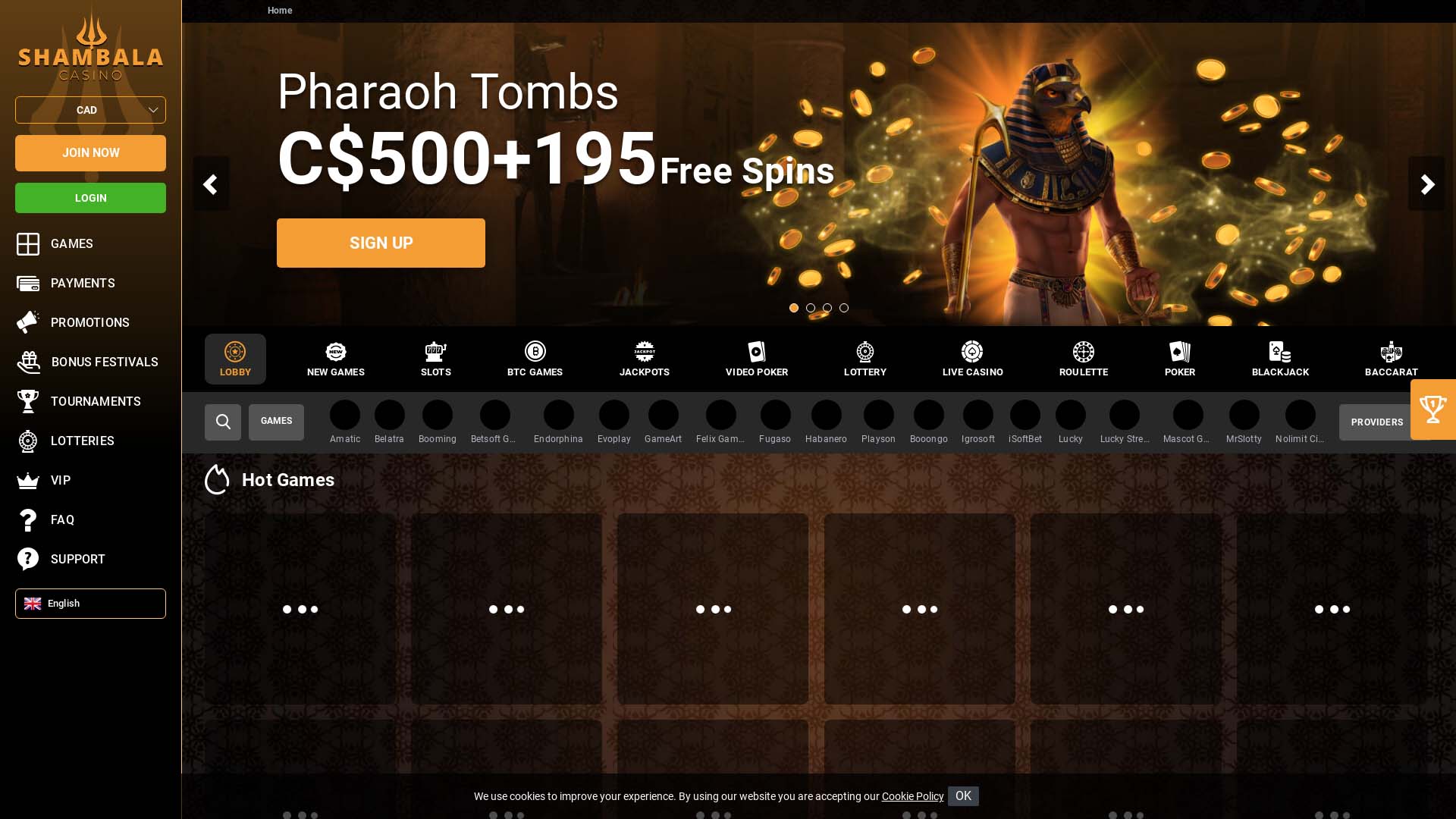 Screenshot of Shambala Casino taken in 2025