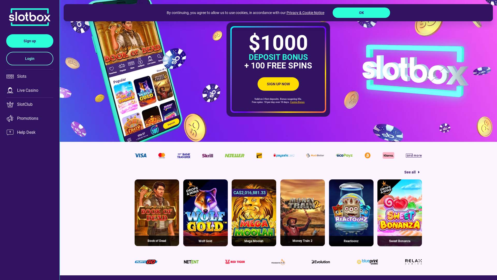 Screenshot of SlotBox Casino taken in 2025
