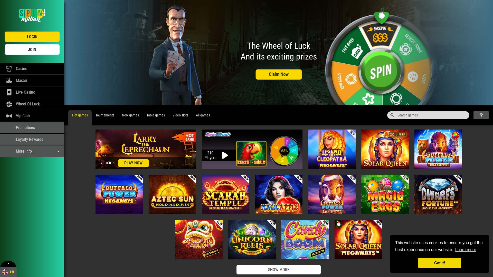 Screenshot of Spin Million Casino taken in 2025