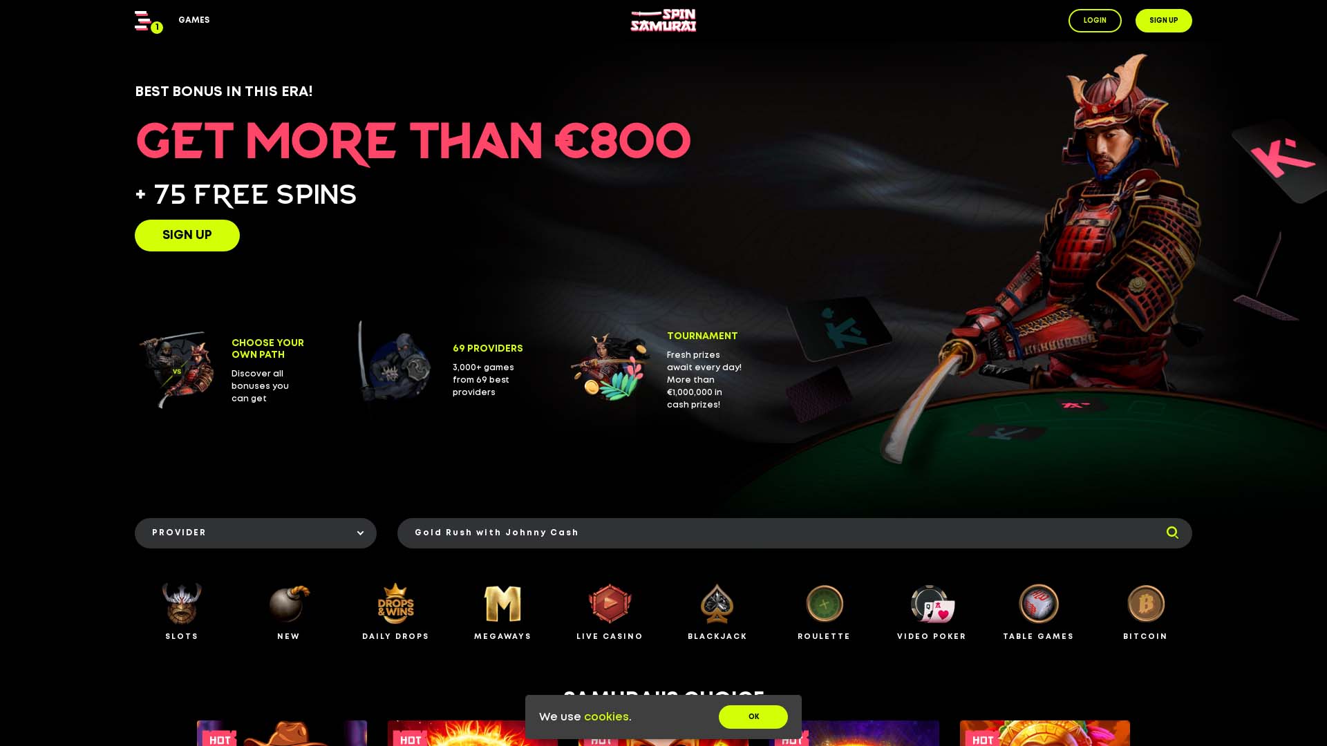 Screenshot of Spin Samurai Casino taken in 2025