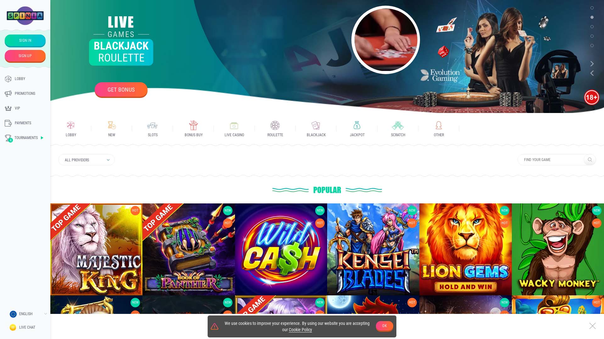 Screenshot of Spinia Casino taken in 2025