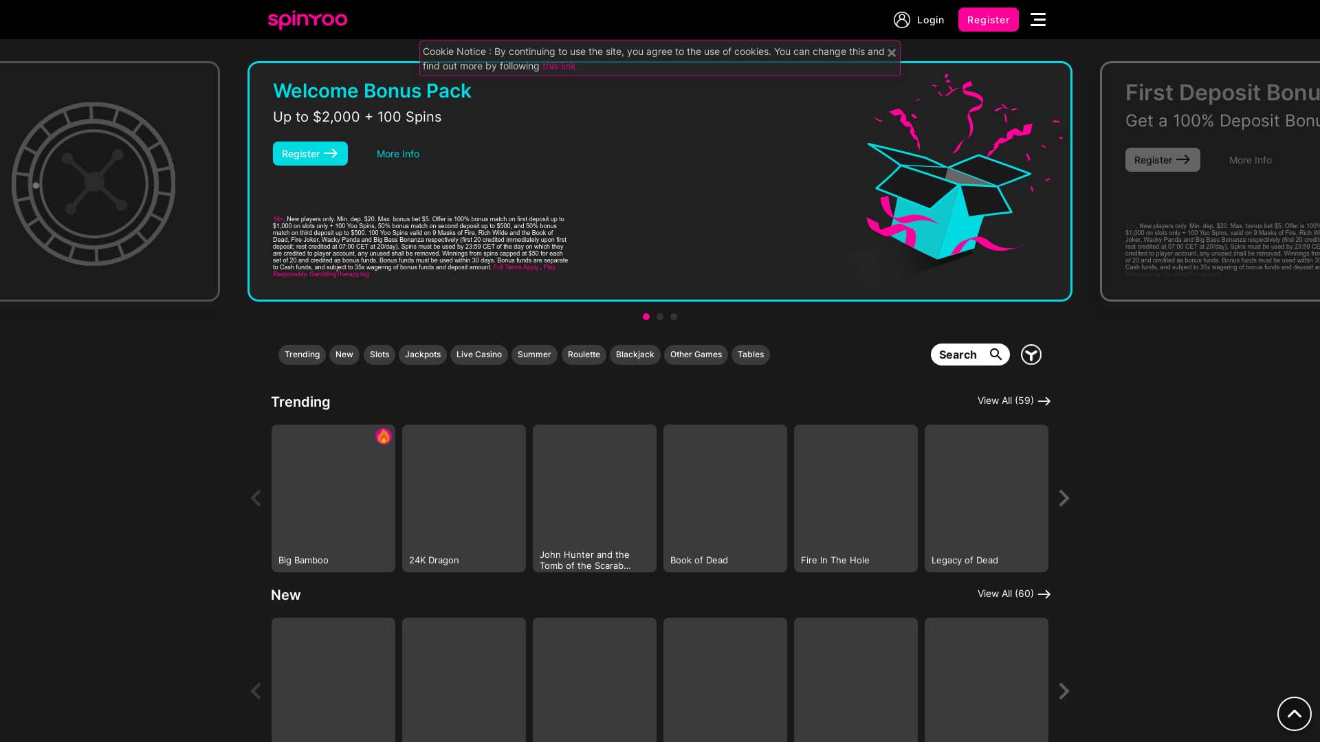Screenshot of SpinYoo Casino taken in 2025