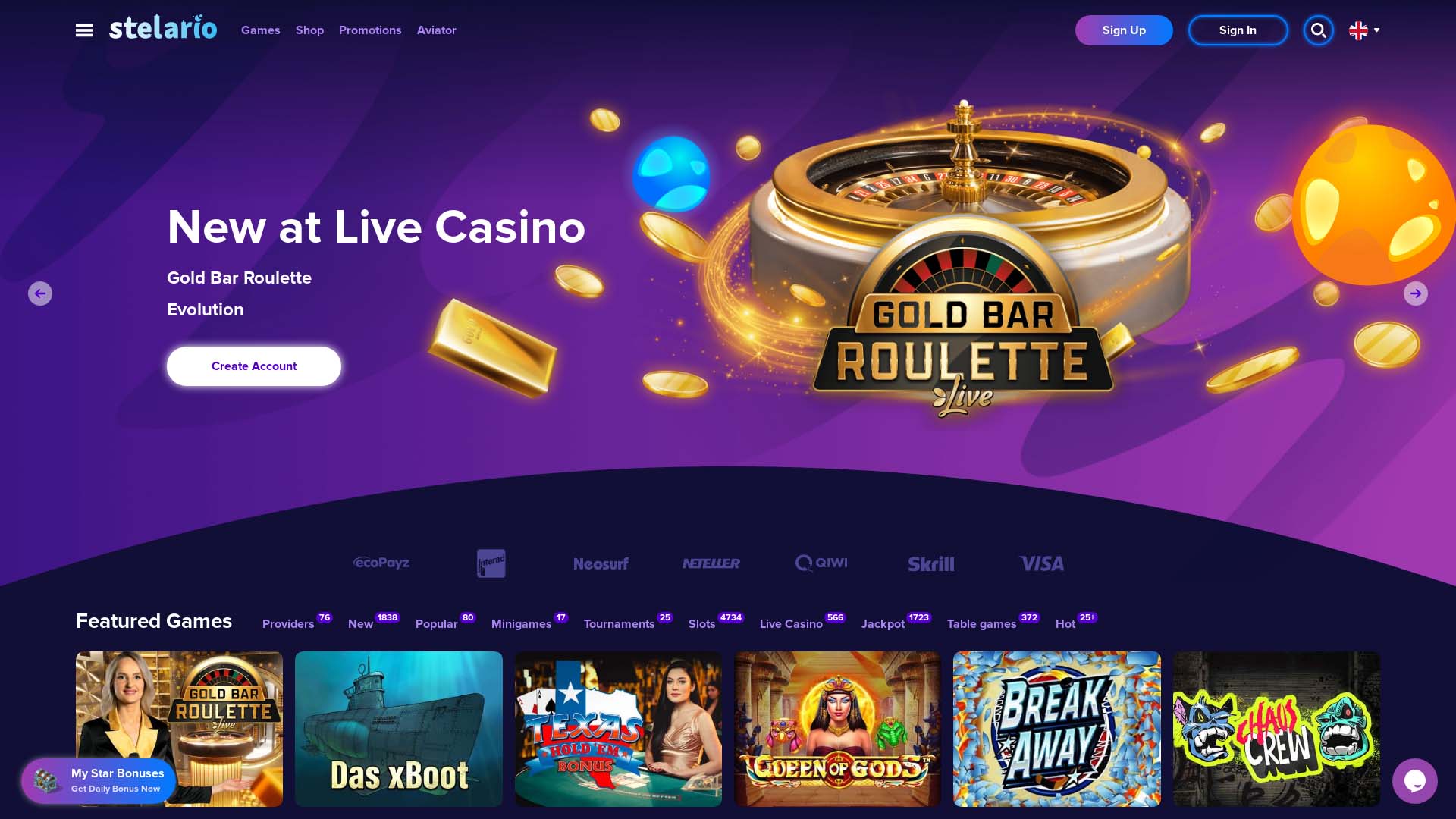 Screenshot of Stelario Casino taken in 2025