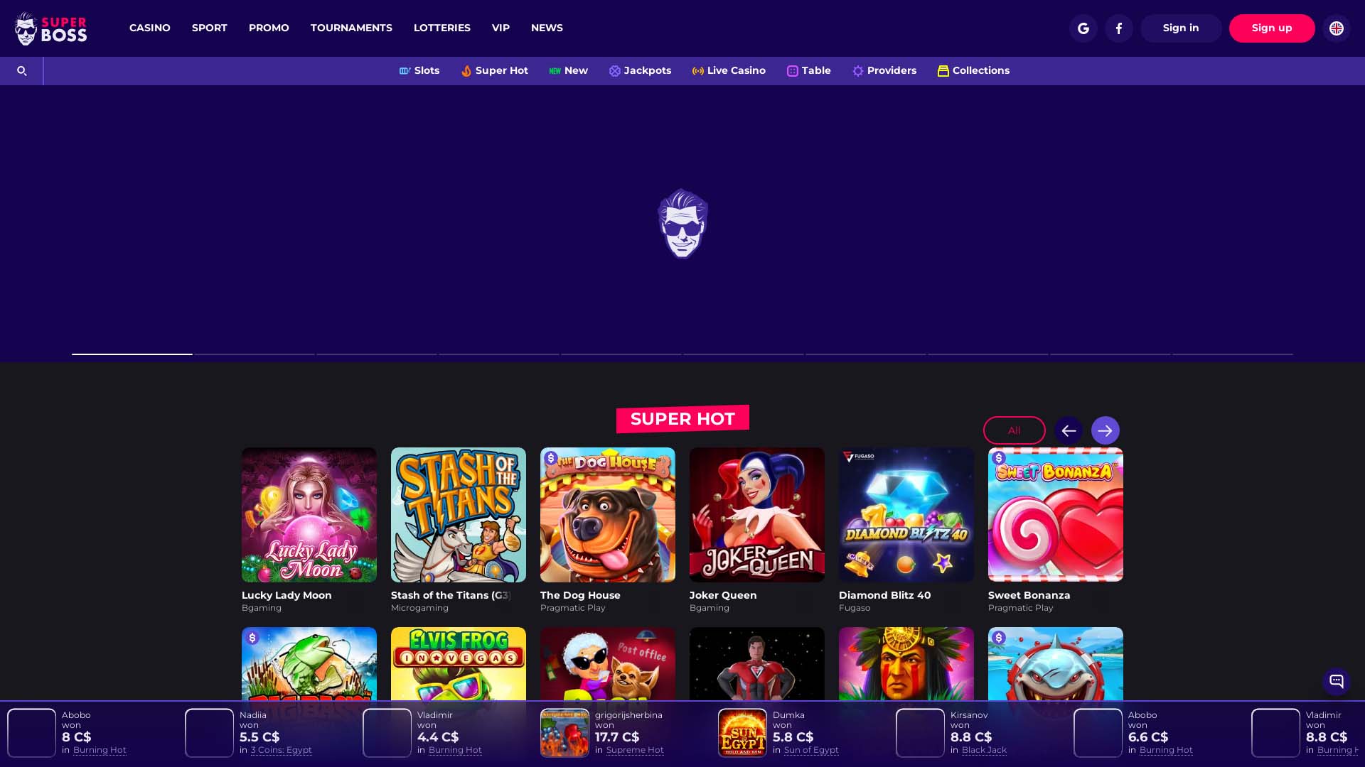 Screenshot of SuperBoss Casino taken in 2025