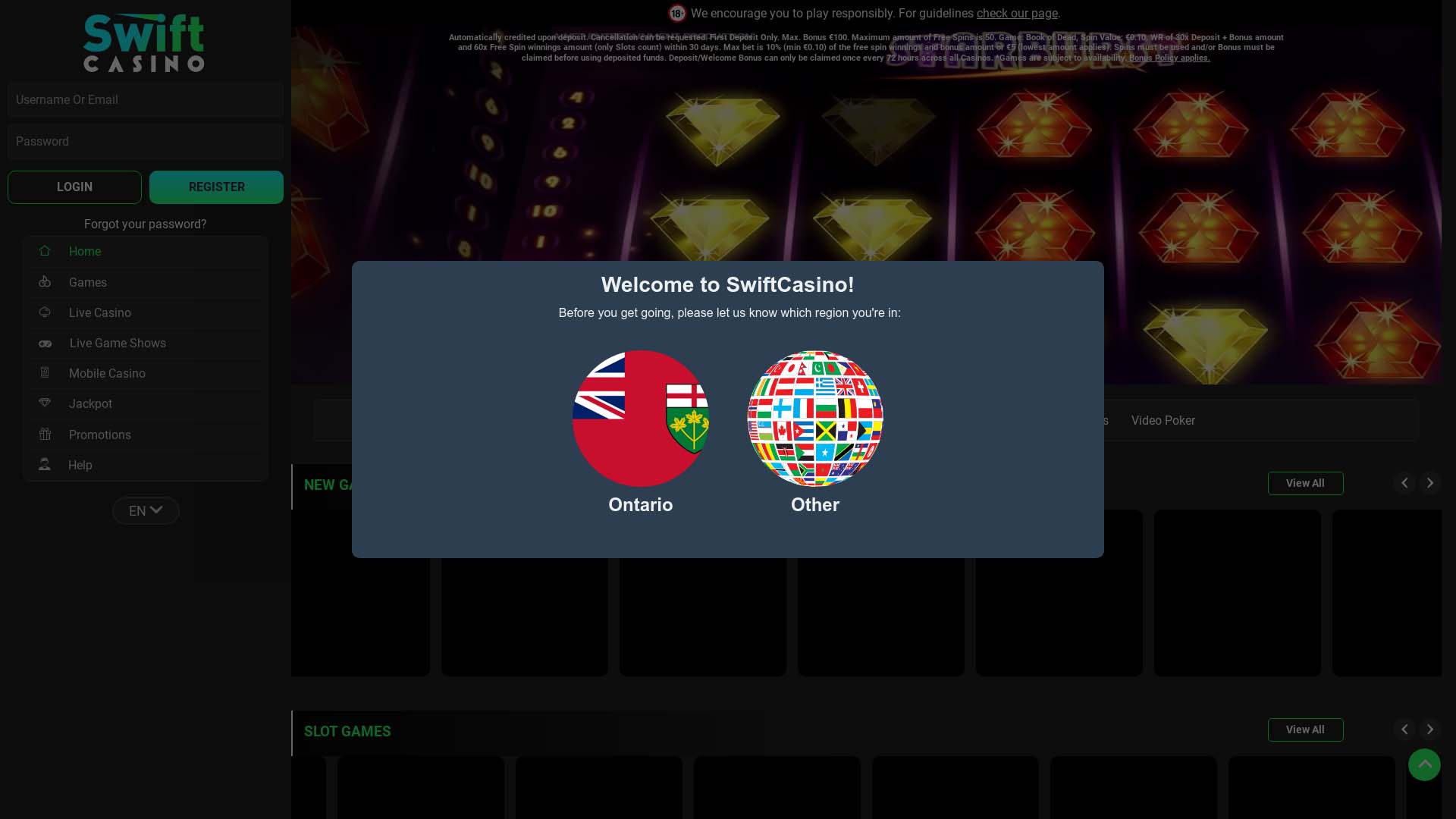 Screenshot of Swift Casino taken in 2025