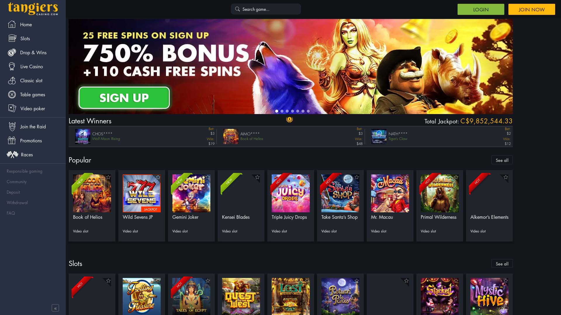 Screenshot of Tangiers Casino taken in 2025