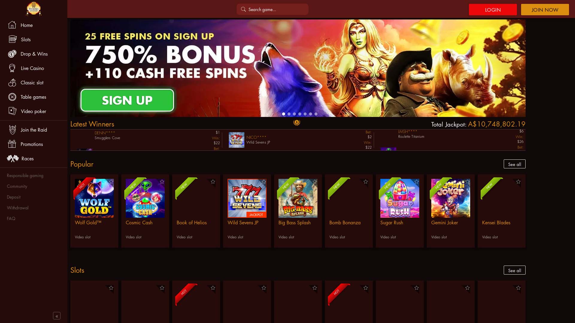 Screenshot of Thebes Casino taken in 2025 Screenshot of Thebes Casino taken in 2025