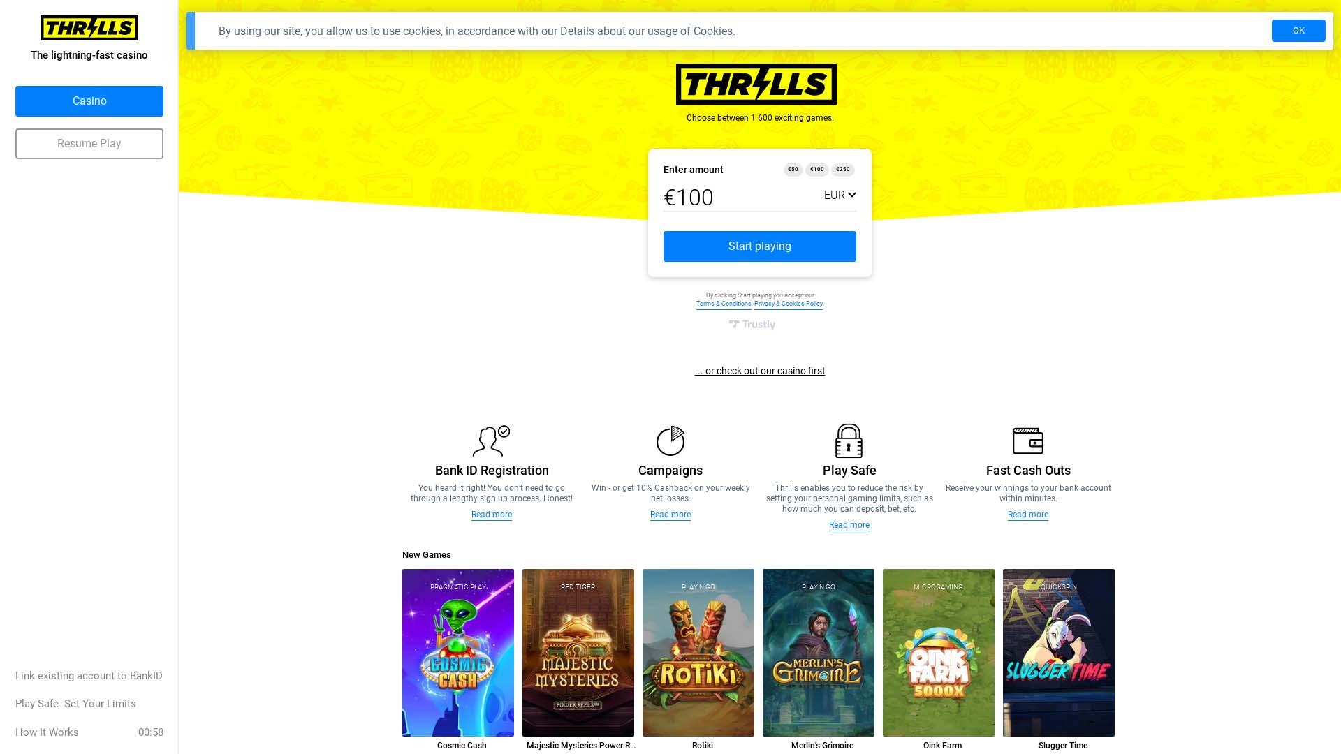 Screenshot of Thrills Casino taken in 2025