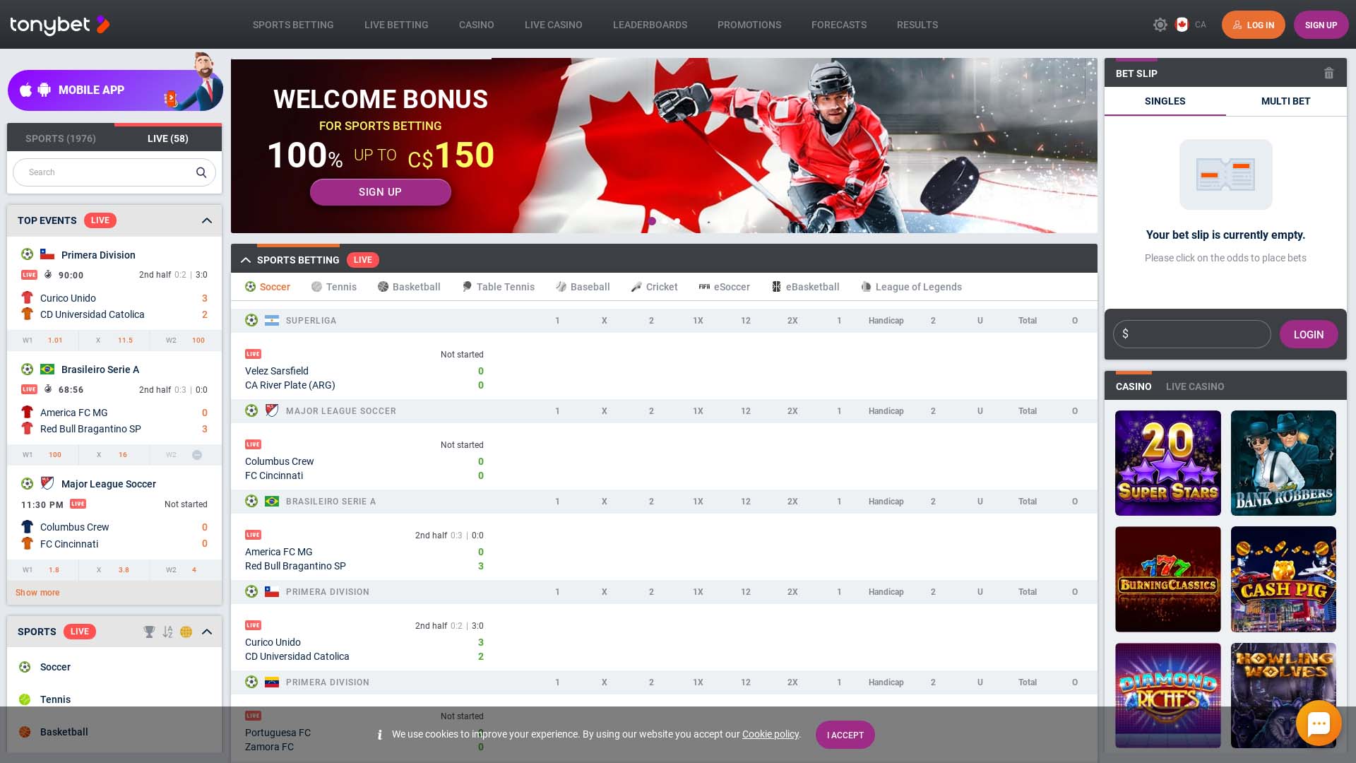 Screenshot of TonyBet Casino taken in 2025 Screenshot of TonyBet Casino taken in 2025