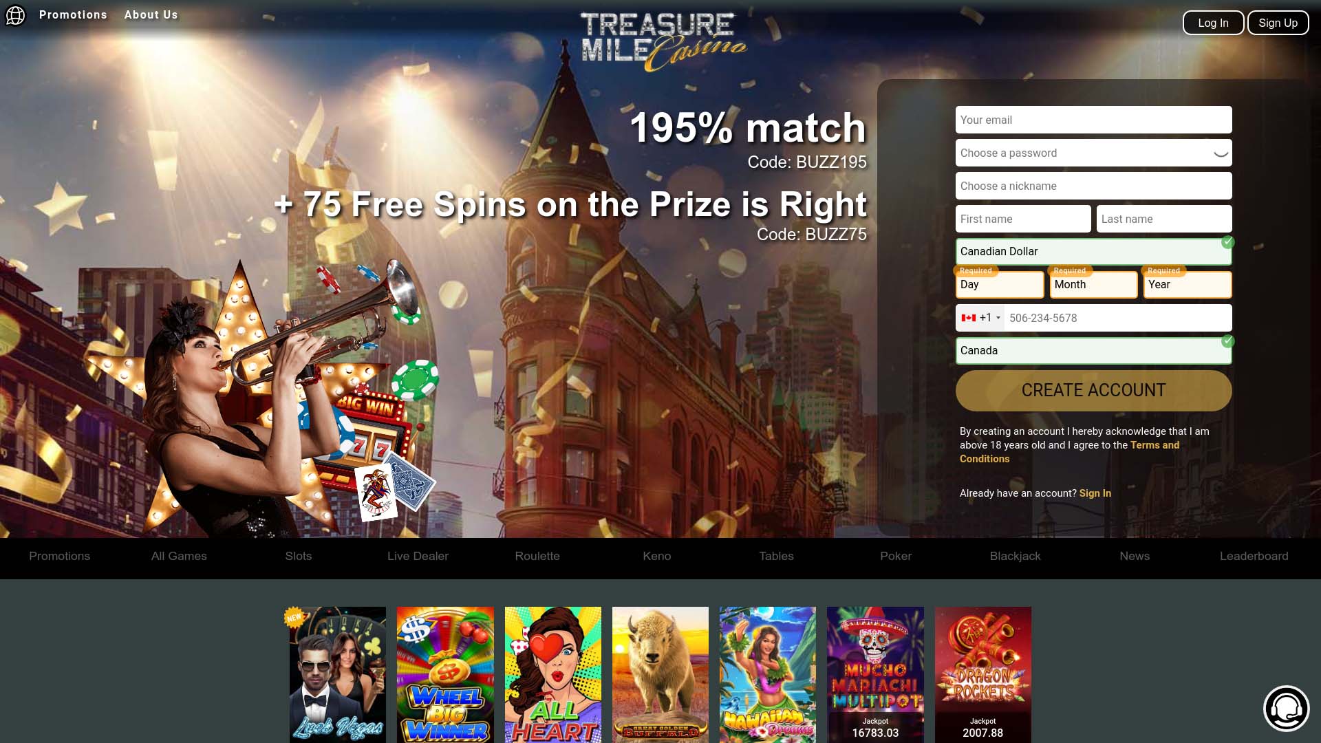 Screenshot of Treasure Mile Casino taken in 2025