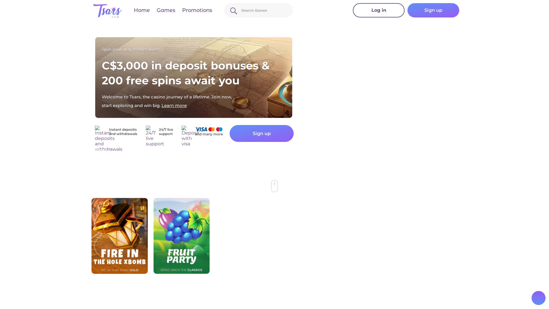 Screenshot of Tsars Casino taken in 2025