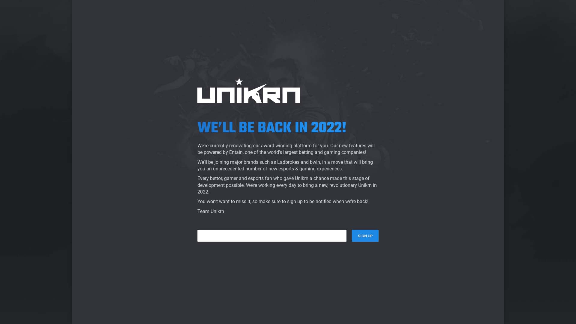 Screenshot of Unikrn Casino taken in 2025