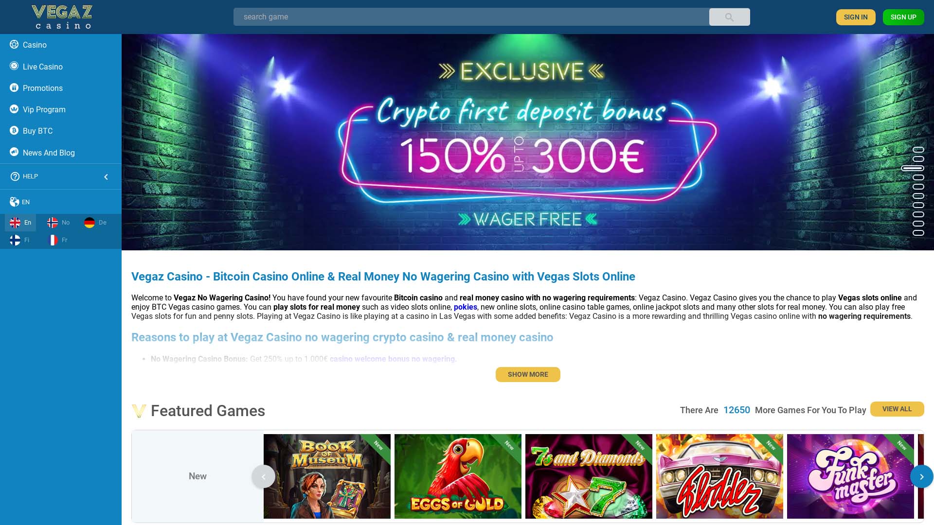 Screenshot of Vegaz Casino taken in 2025