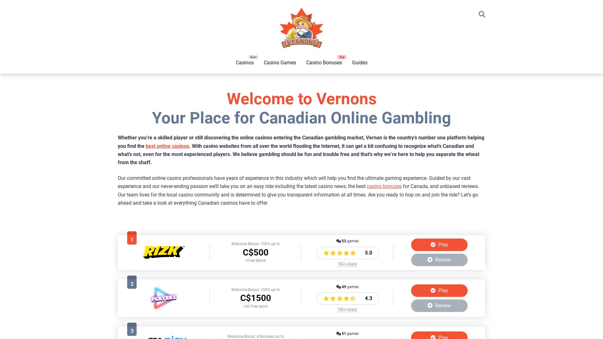 Screenshot of Vernons Casino taken in 2025