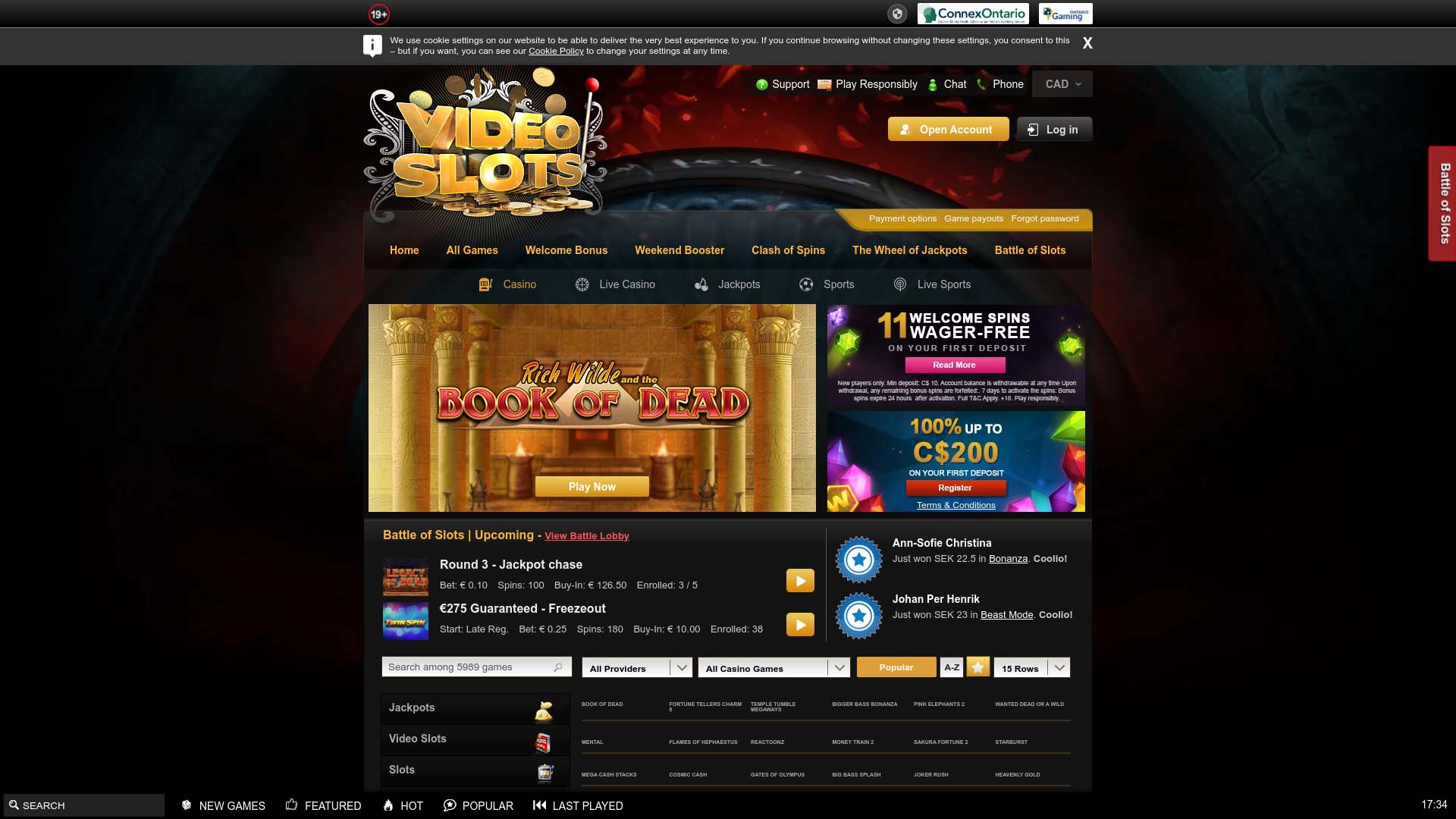 Screenshot of Videoslots Casino taken in 2025