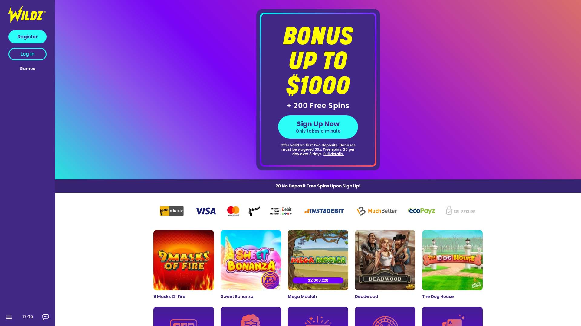 Screenshot of Wildz Casino taken in 2025