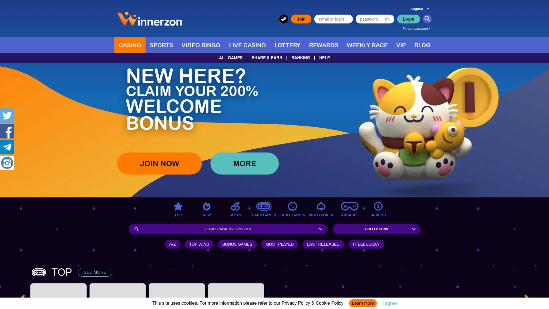 Screenshot of WinnerzOn Casino taken in 2025