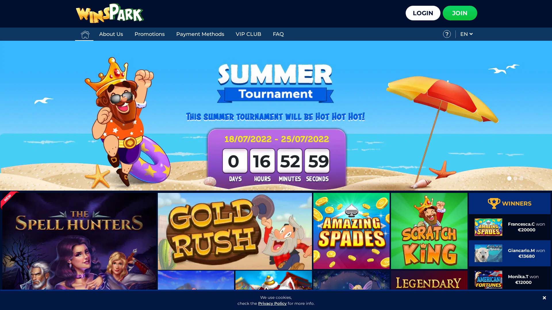 Screenshot of WinsPark Casino taken in 2025