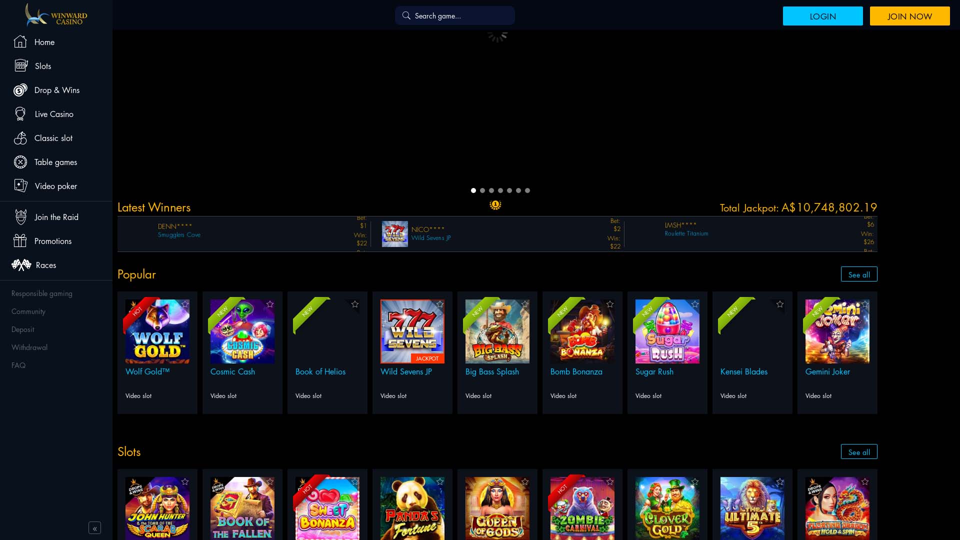 Screenshot of Winward Casino taken in 2025