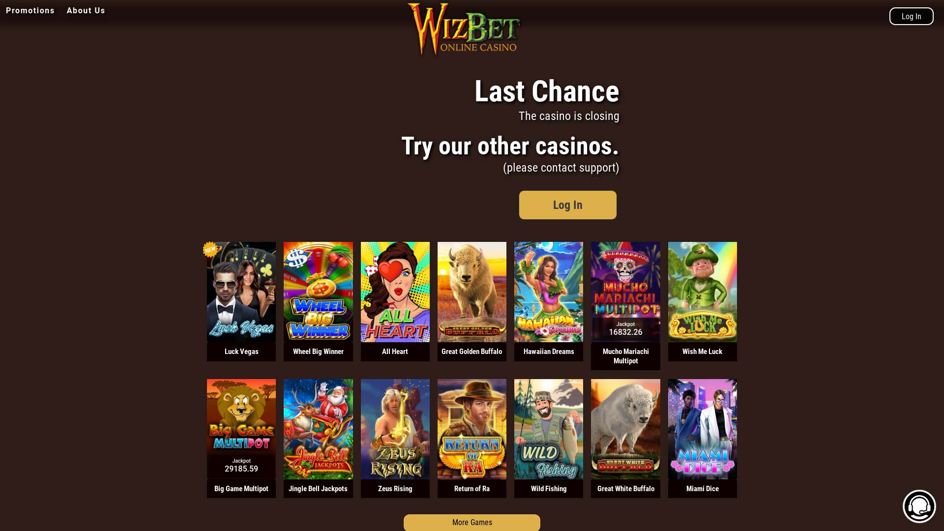 Screenshot of Wizbet Casino taken in 2025