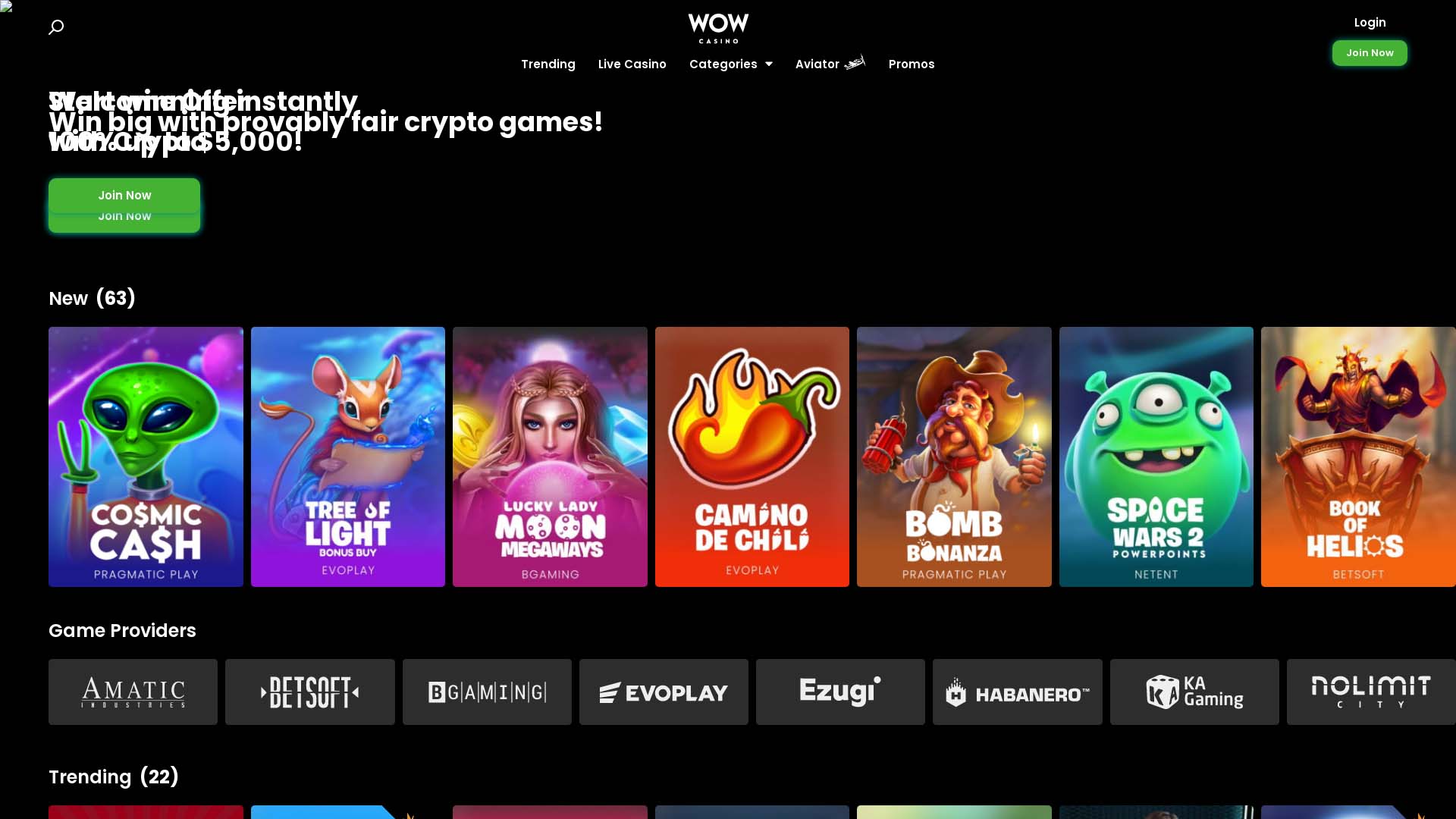 Screenshot of WOW Casino taken in 2025