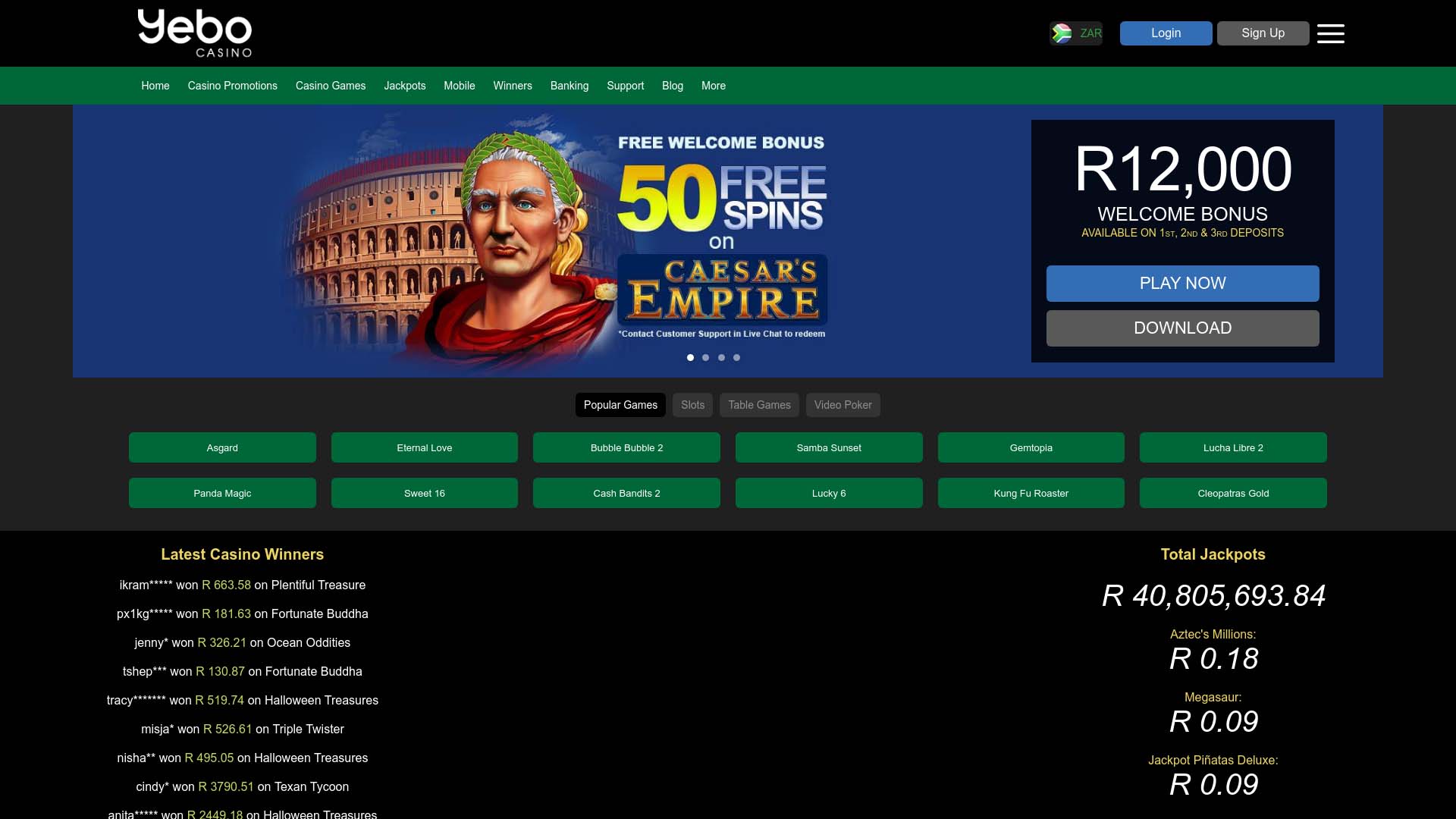 Screenshot of Yebo Casino taken in 2025