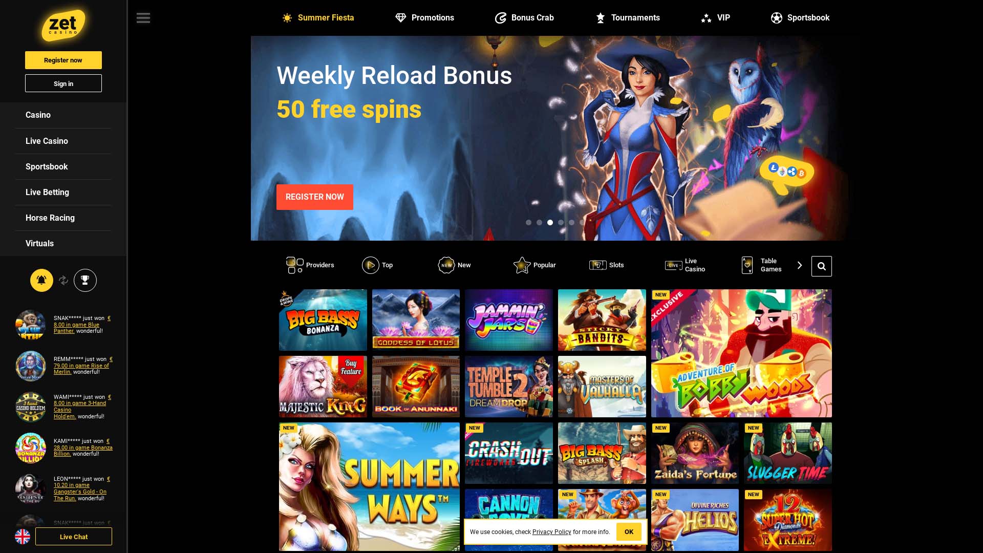 Screenshot of Zet Casino taken in 2025