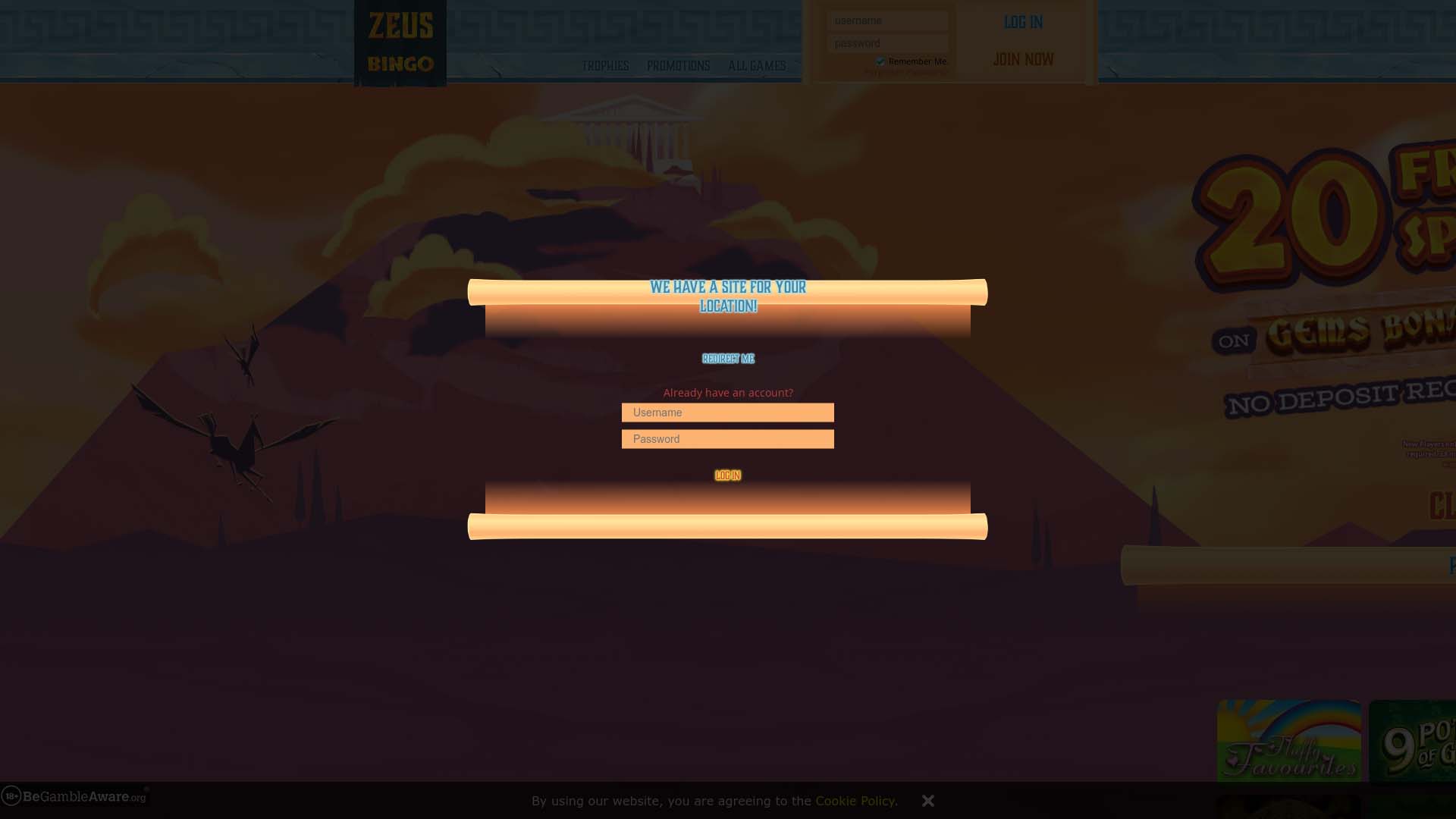 Screenshot of Zeus Bingo taken in 2026